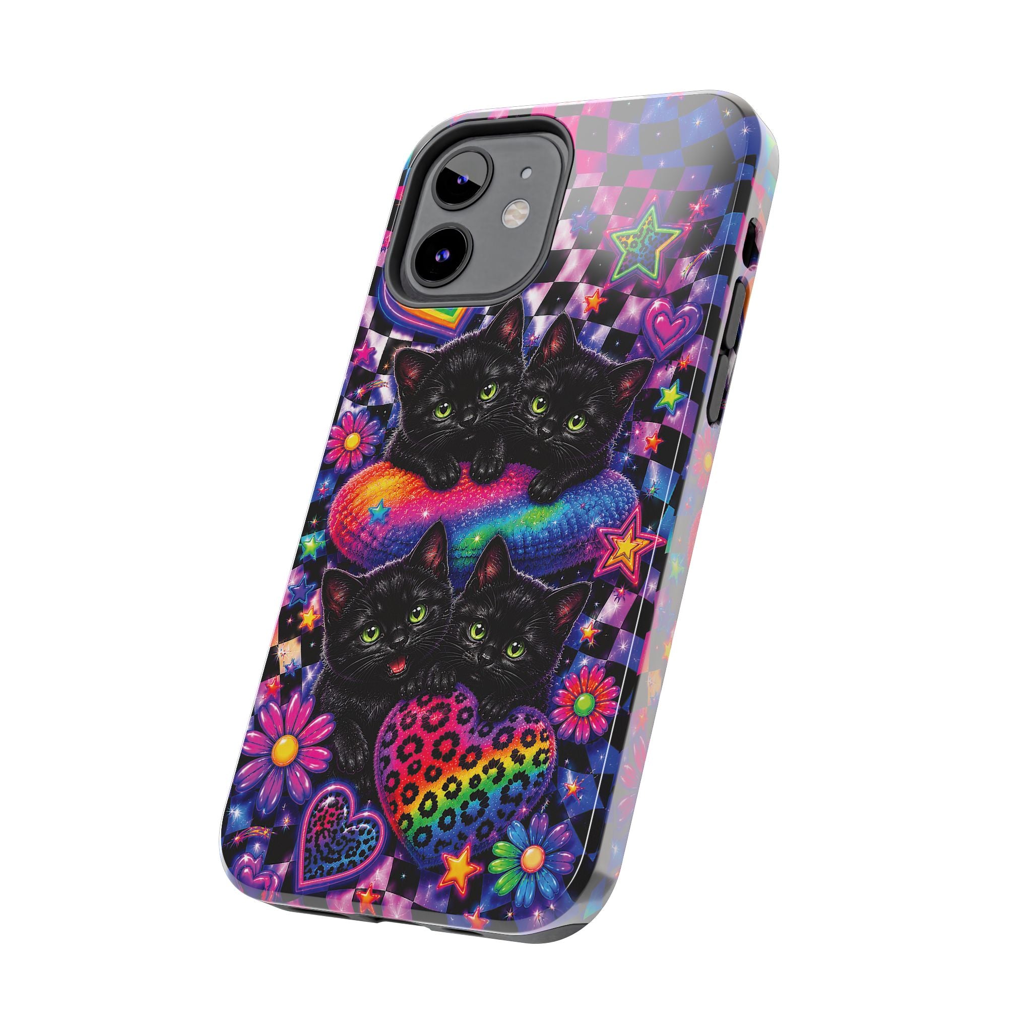 Cute 90's Retro Black Cats Phone Case | Neon Flowers, Checkerboard Design Iphone Samsung Phone Case