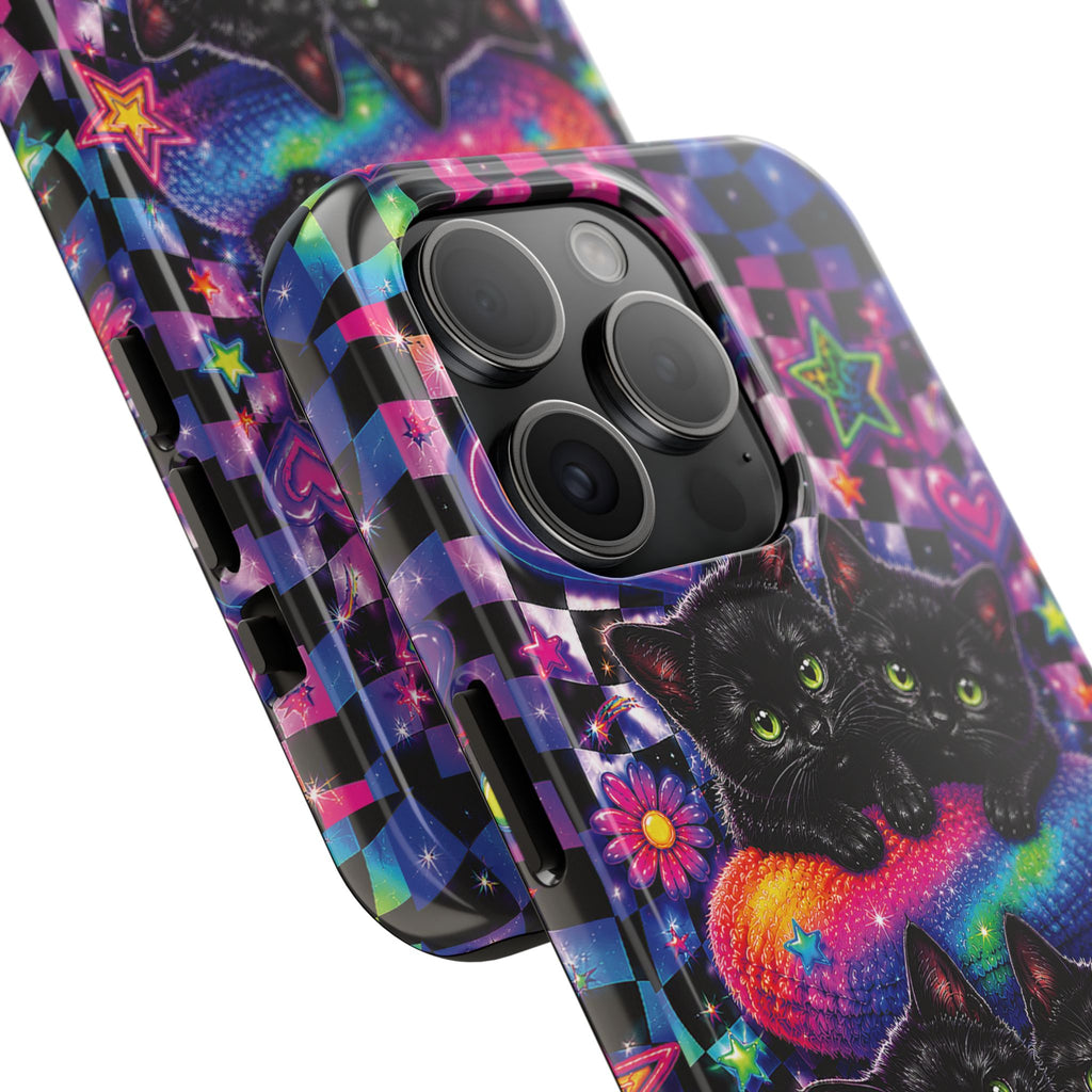 Cute 90's Retro Black Cats Phone Case | Neon Flowers, Checkerboard Design Iphone Samsung Phone Case