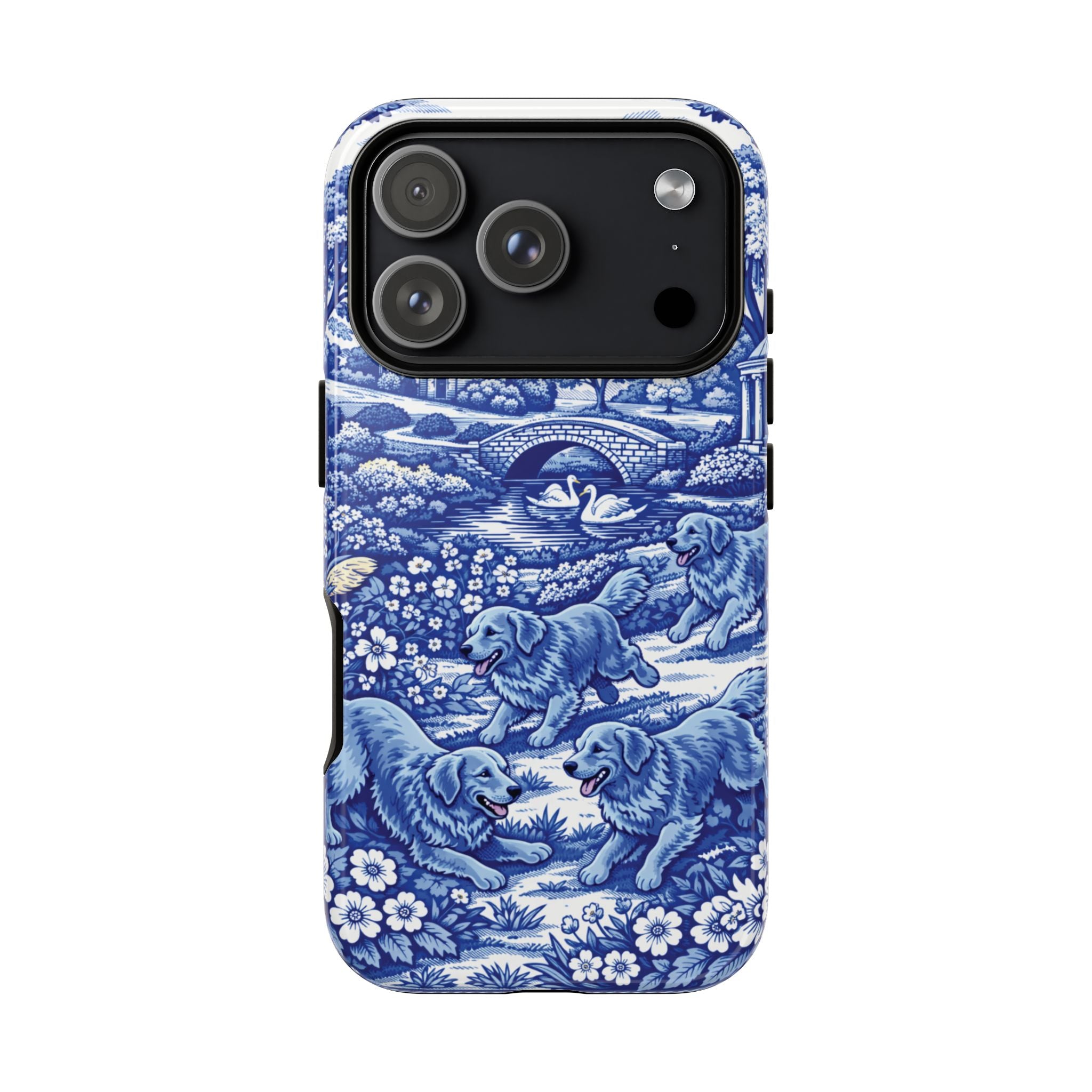 Golden Retriever Tough Phone Case, Chinoiserie Blue Dog Pattern, French Toile Aesthetic