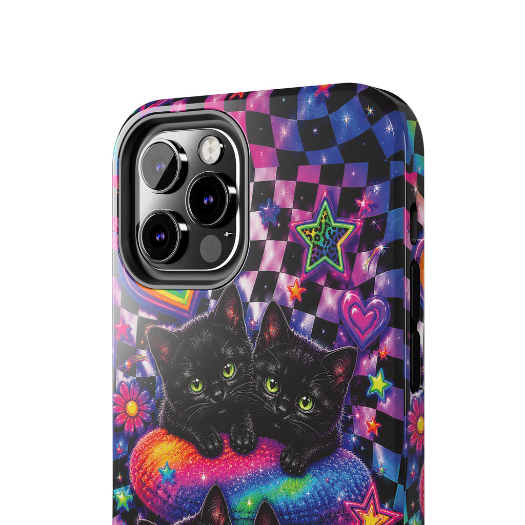 Cute 90's Retro Black Cats Phone Case | Neon Flowers, Checkerboard Design Iphone Samsung Phone Case