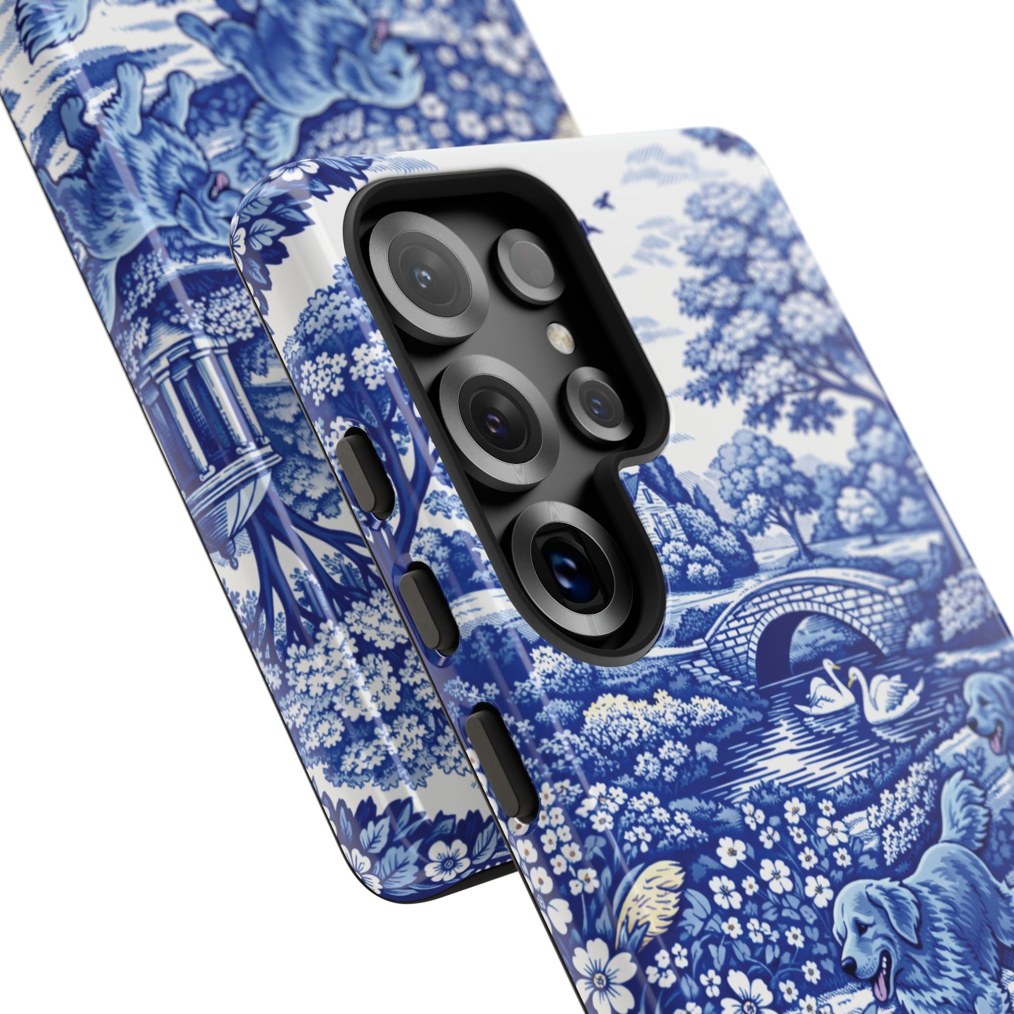 Golden Retriever Tough Phone Case, Chinoiserie Blue Dog Pattern, French Toile Aesthetic