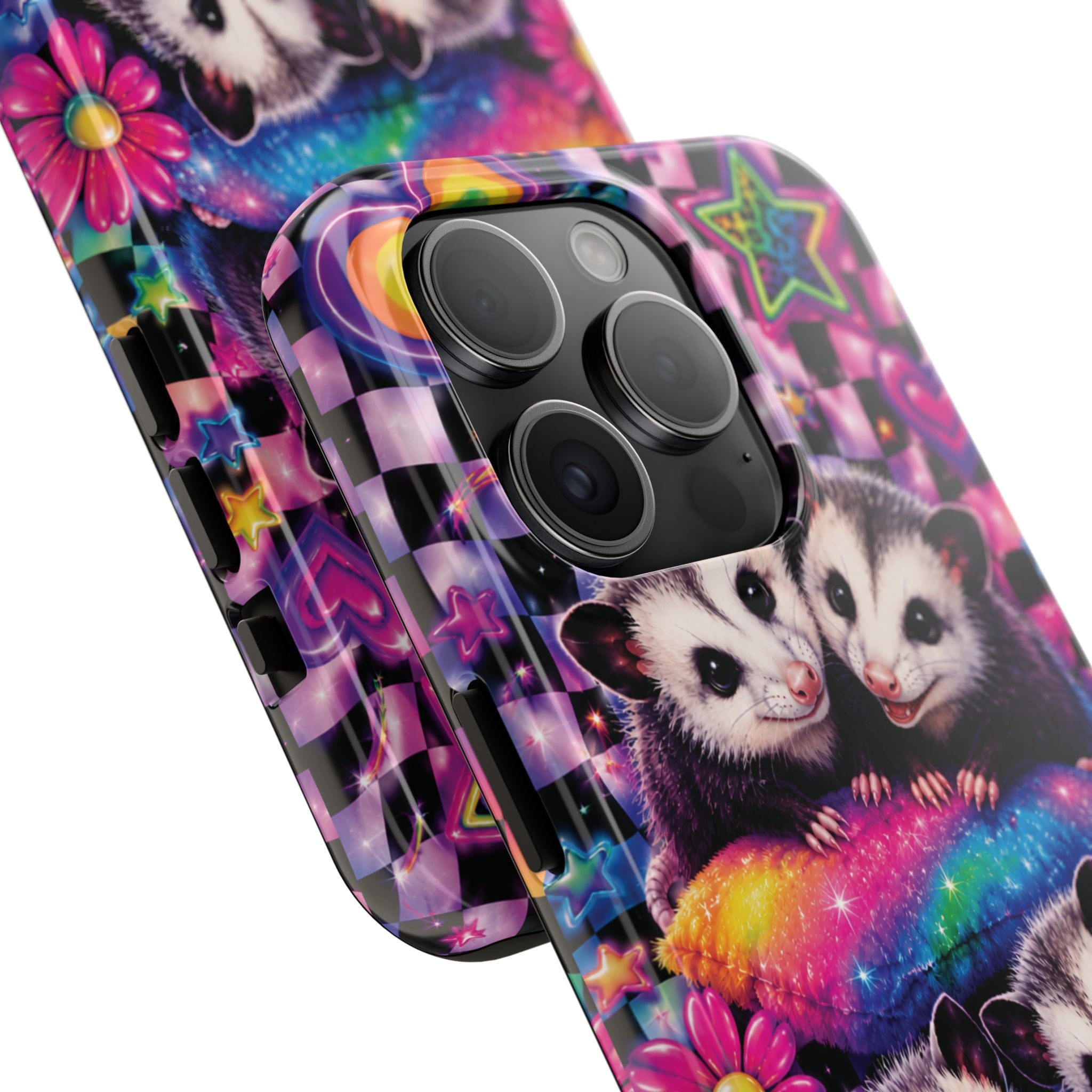 Cute 90's Retro Opossums Phone Case | Neon Flowers, Checkerboard Design Iphone Samsung Phone Case