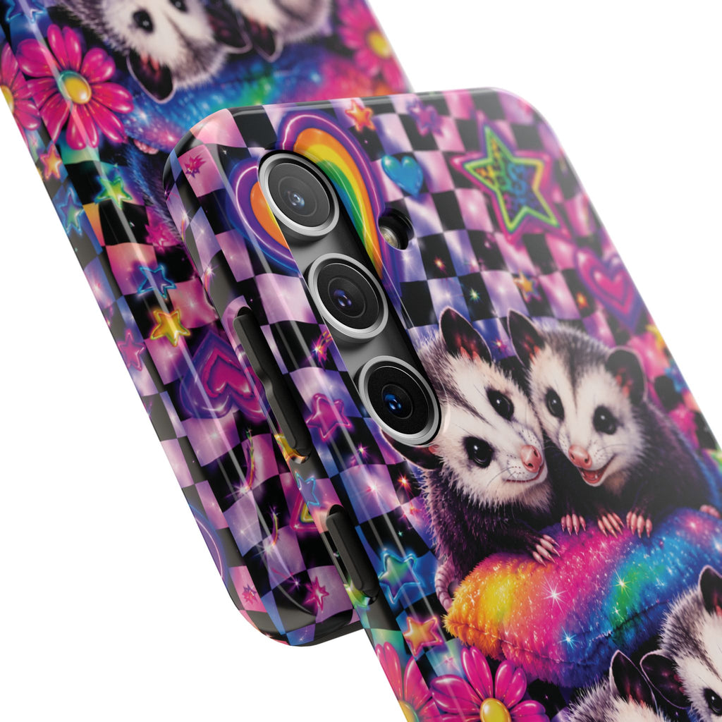 Cute 90's Retro Opossums Phone Case | Neon Flowers, Checkerboard Design Iphone Samsung Phone Case
