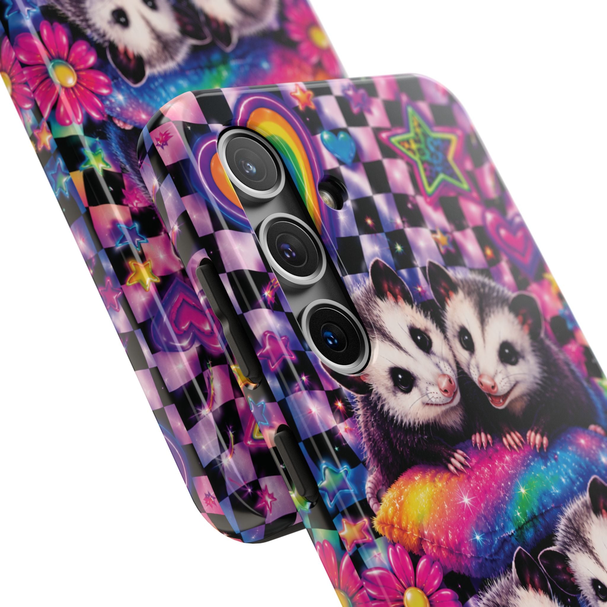 Cute 90's Retro Opossums Phone Case | Neon Flowers, Checkerboard Design Iphone Samsung Phone Case