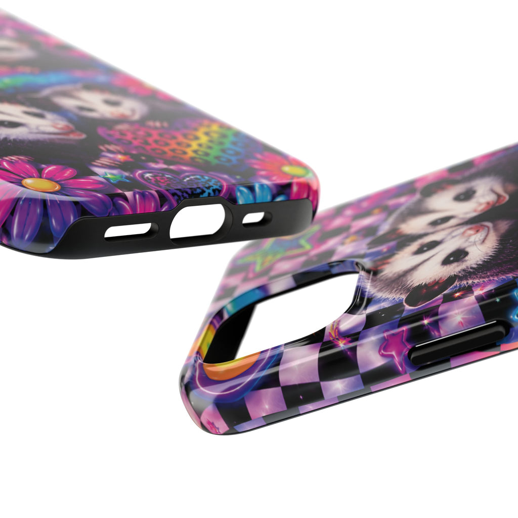 Cute 90's Retro Opossums Phone Case | Neon Flowers, Checkerboard Design Iphone Samsung Phone Case