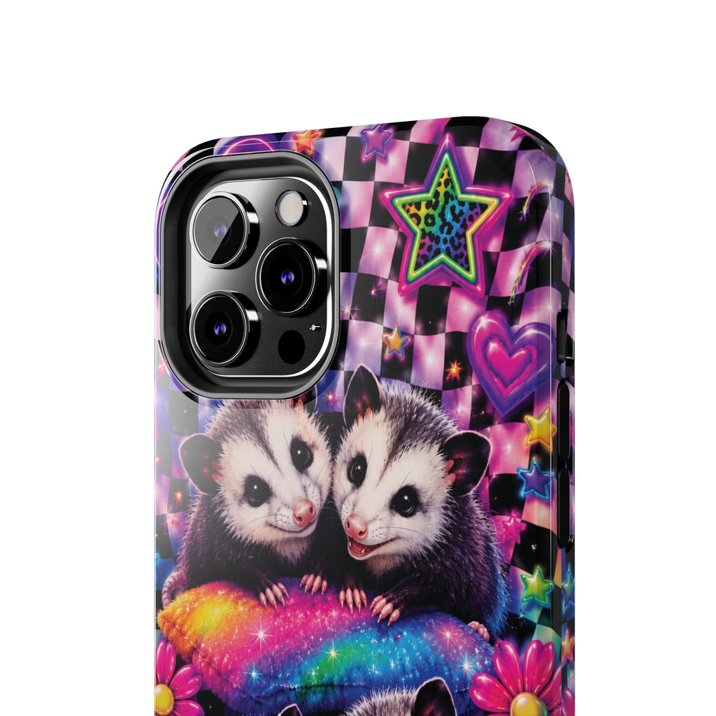 Cute 90's Retro Opossums Phone Case | Neon Flowers, Checkerboard Design Iphone Samsung Phone Case