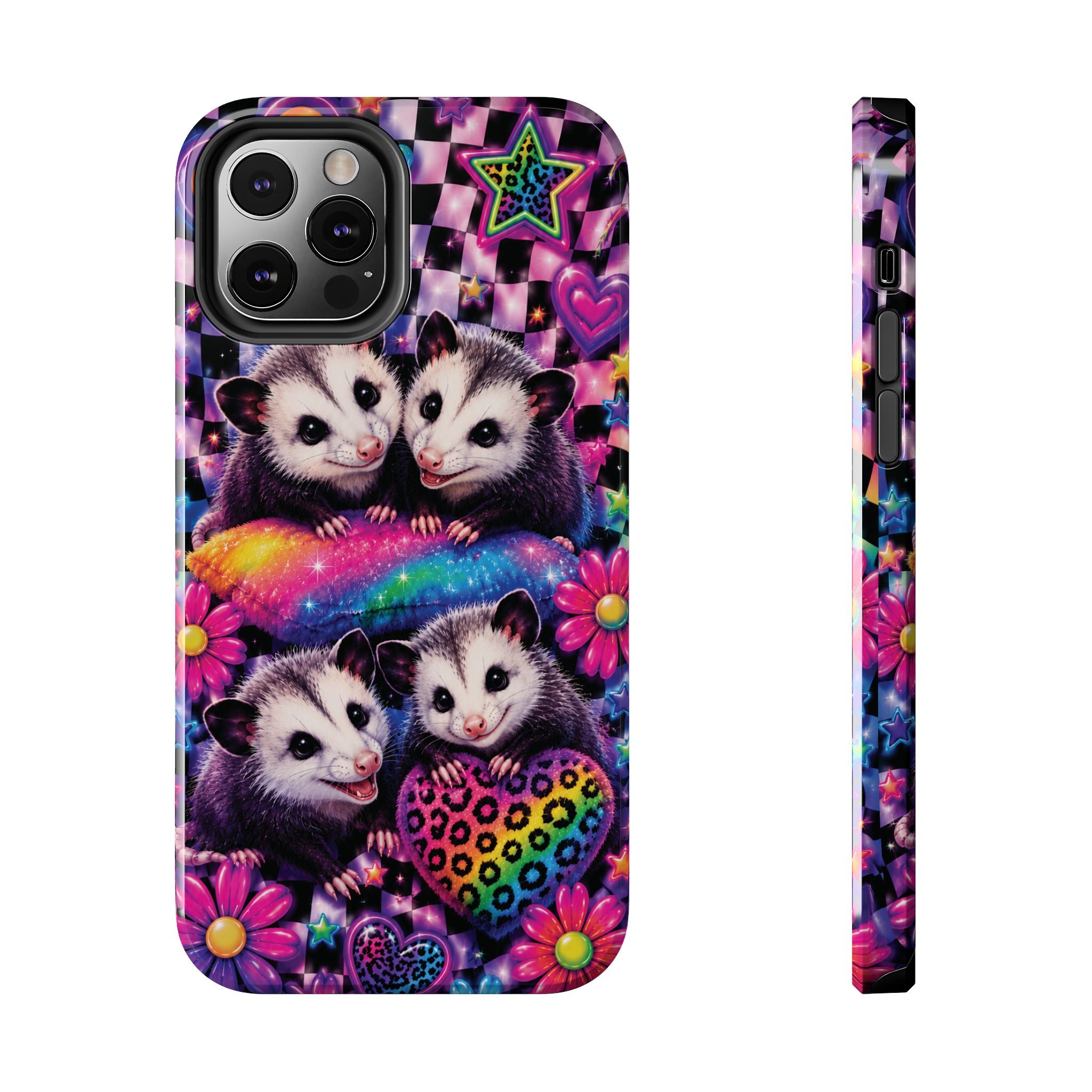 Cute 90's Retro Opossums Phone Case | Neon Flowers, Checkerboard Design Iphone Samsung Phone Case