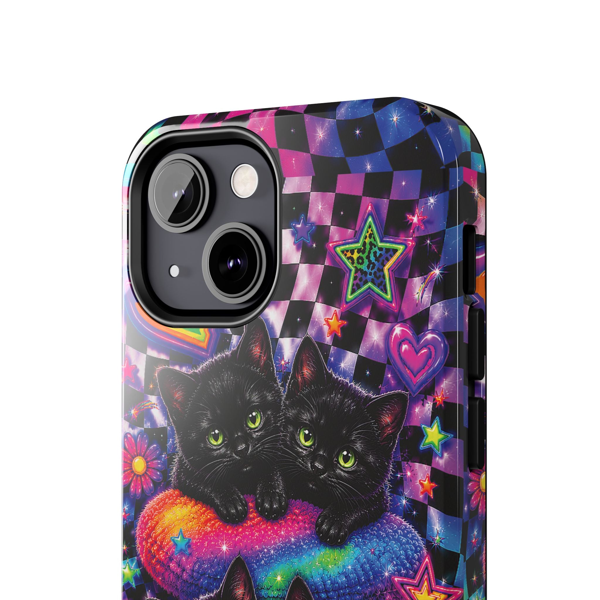 Cute 90's Retro Black Cats Phone Case | Neon Flowers, Checkerboard Design Iphone Samsung Phone Case