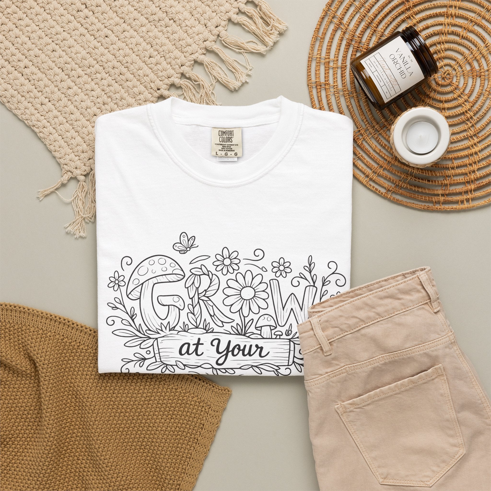 Grow at Your Own Pace Shirt, Comfort Colors Tee, Wildflower Mushroom Doodle Design, Minimalist Botanical Tee | Cottagecore Nature Graphic