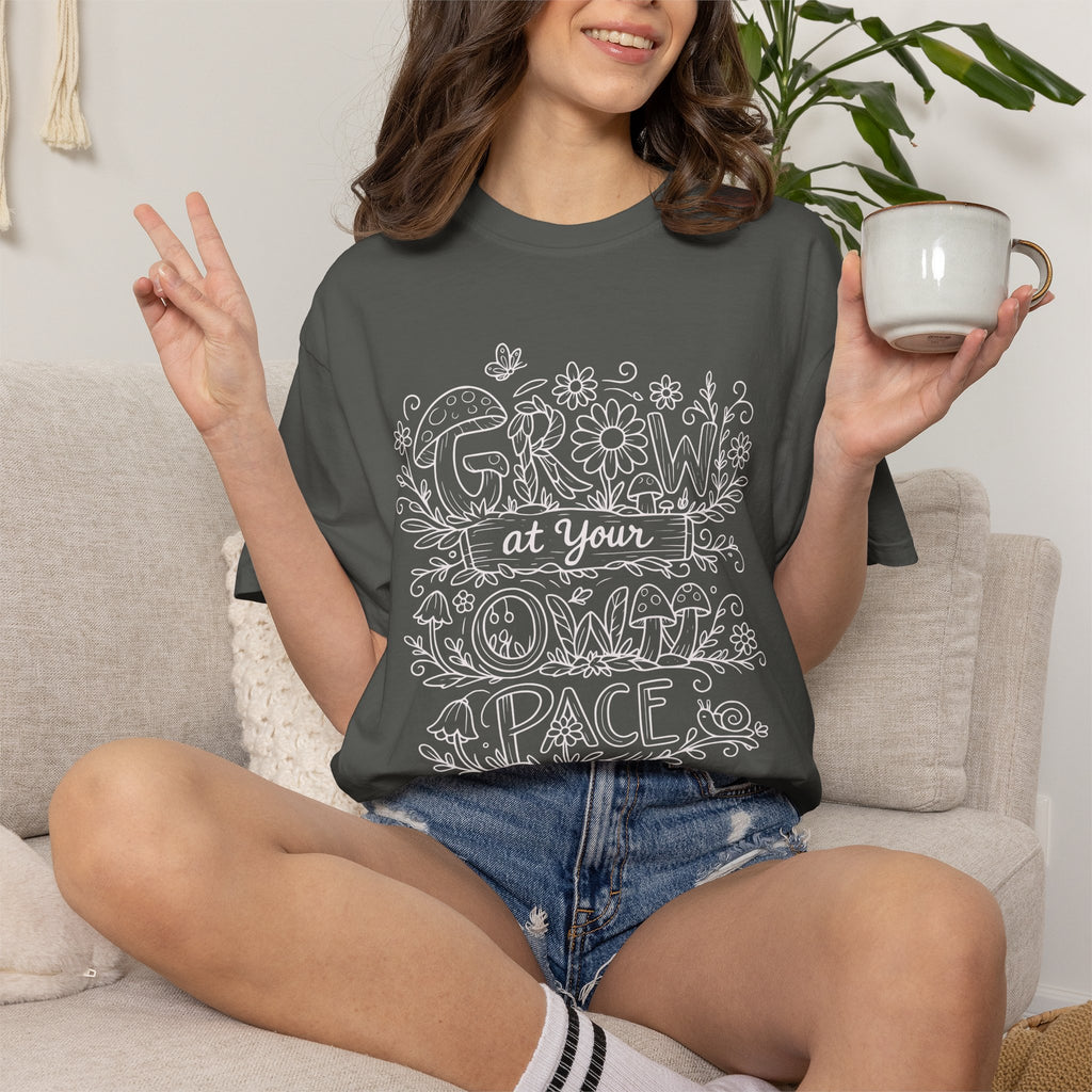 Grow at Your Own Pace Shirt, Comfort Colors Tee, Wildflower Mushroom Doodle Design, Minimalist Botanical Tee | Cottagecore Nature Graphic