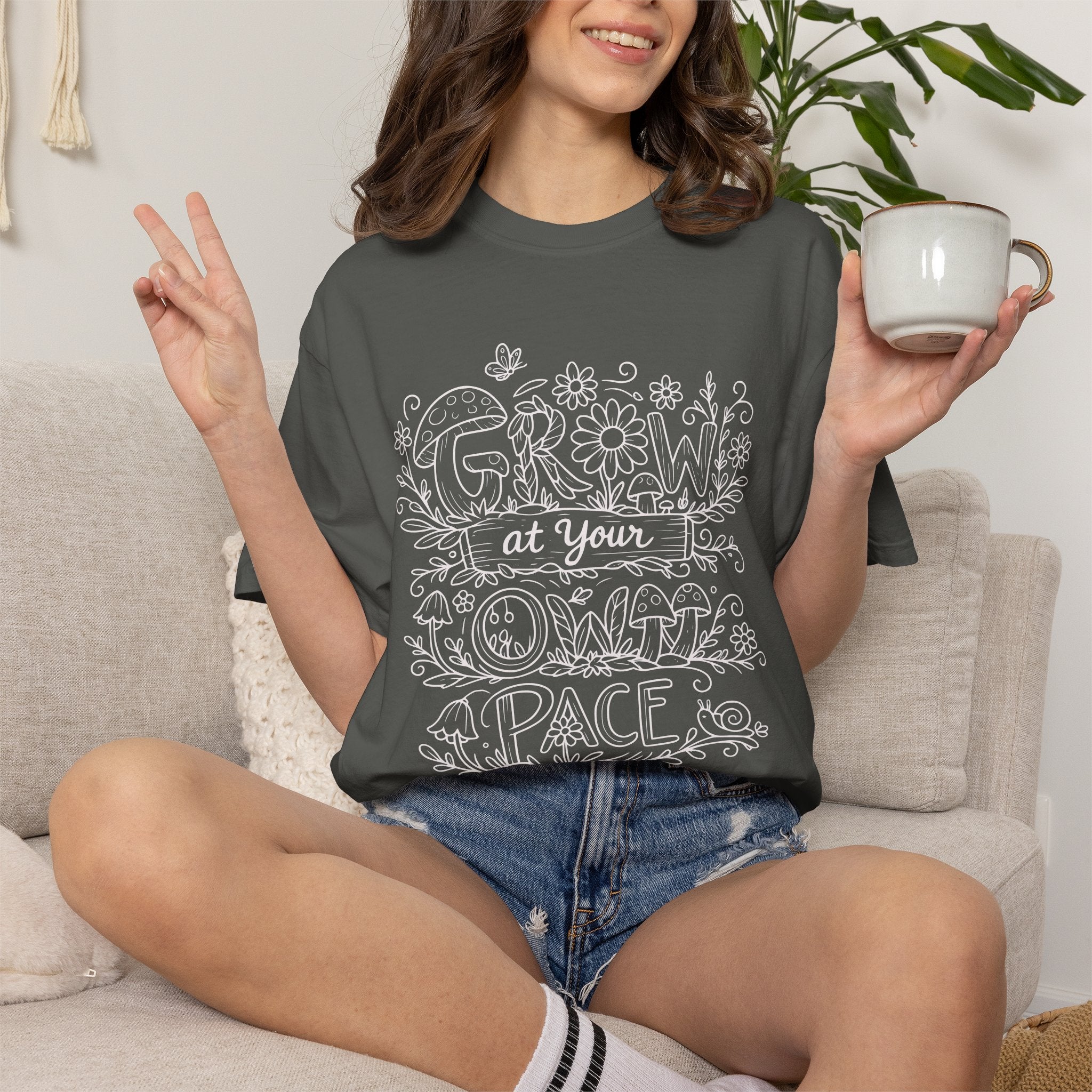 Grow at Your Own Pace Shirt, Comfort Colors Tee, Wildflower Mushroom Doodle Design, Minimalist Botanical Tee | Cottagecore Nature Graphic