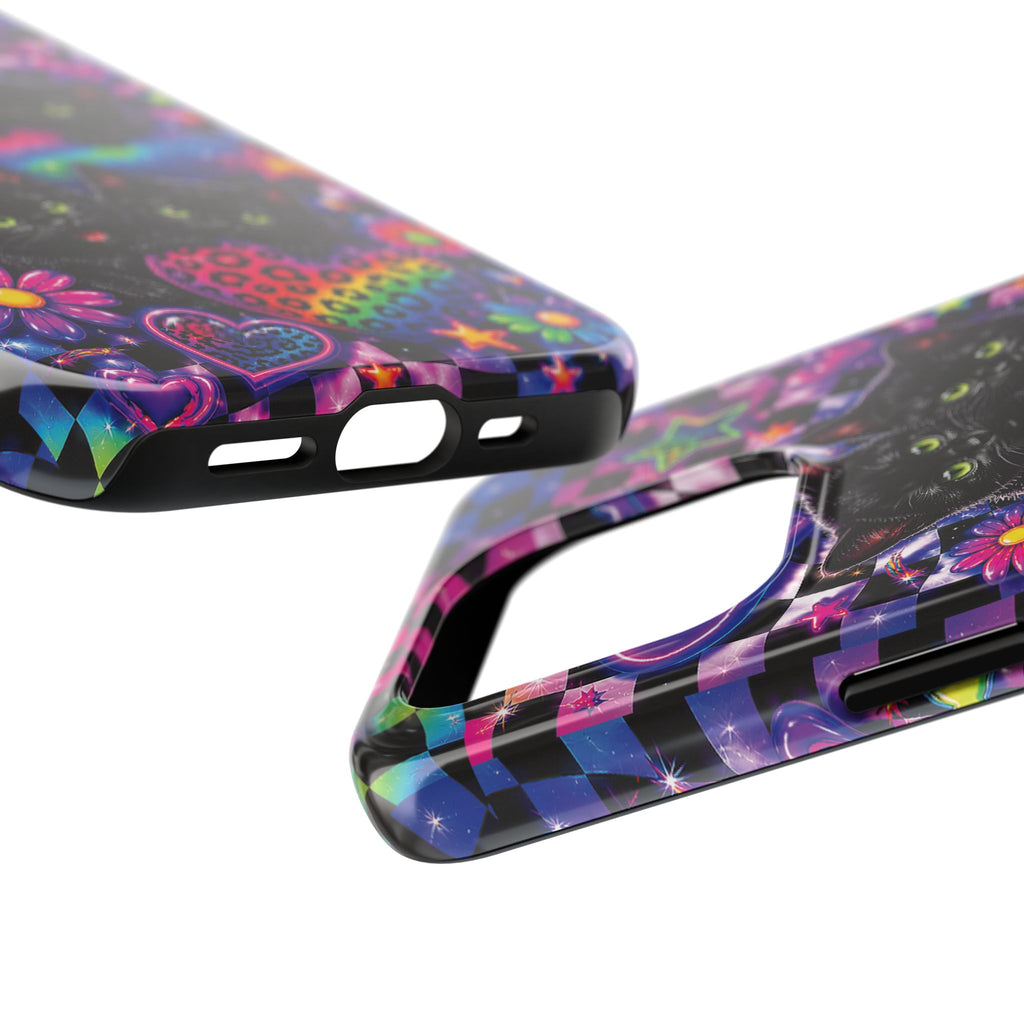 Cute 90's Retro Black Cats Phone Case | Neon Flowers, Checkerboard Design Iphone Samsung Phone Case