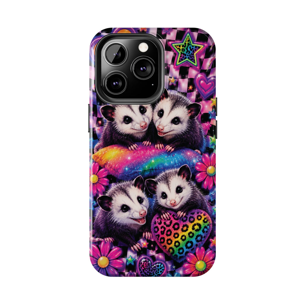 Cute 90's Retro Opossums Phone Case | Neon Flowers, Checkerboard Design Iphone Samsung Phone Case