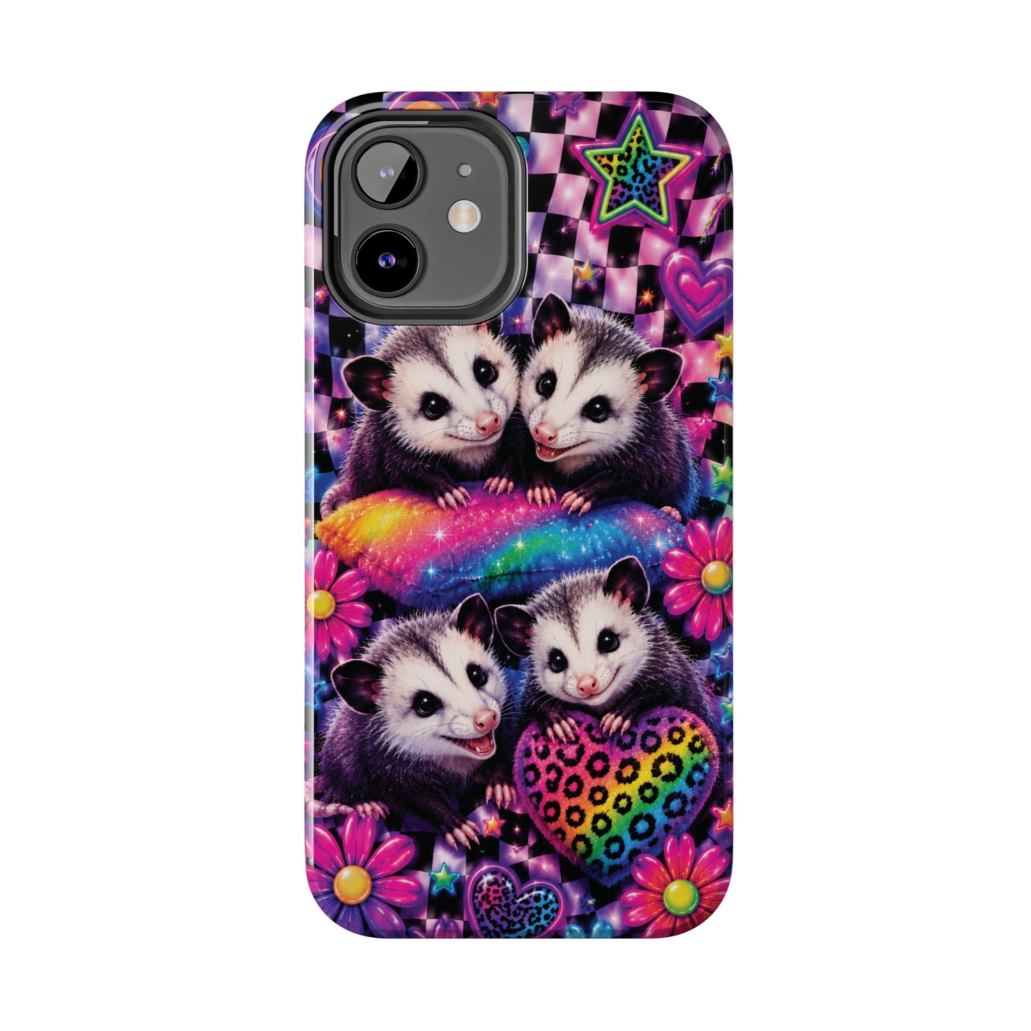 Cute 90's Retro Opossums Phone Case | Neon Flowers, Checkerboard Design Iphone Samsung Phone Case