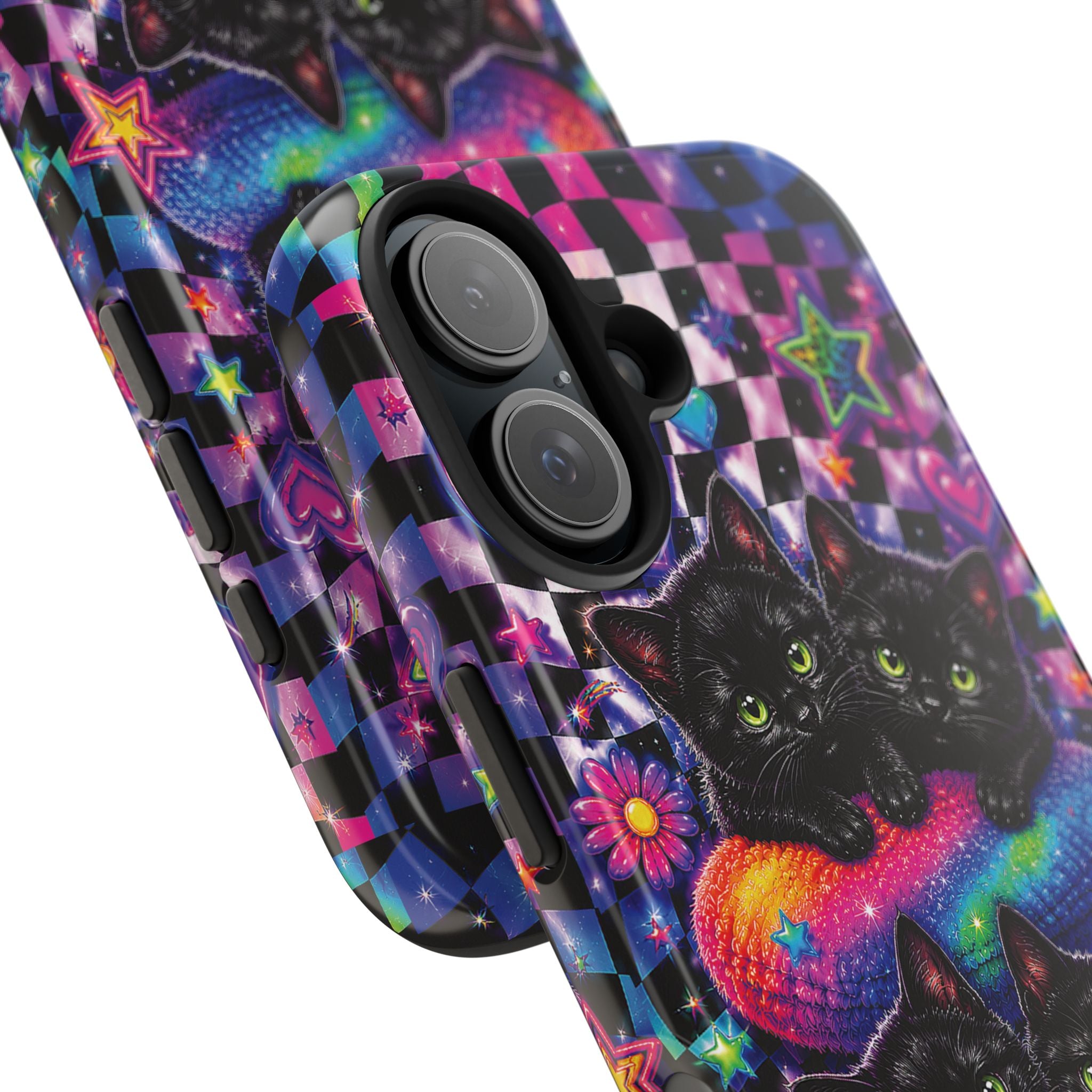 Cute 90's Retro Black Cats Phone Case | Neon Flowers, Checkerboard Design Iphone Samsung Phone Case