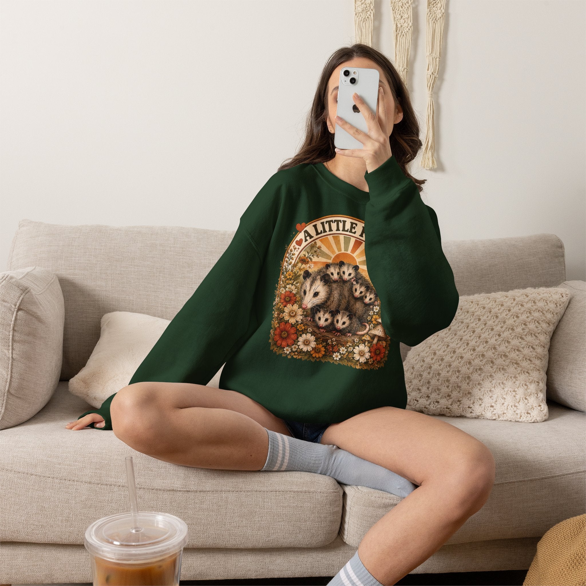 Retro Cute Opossum Sweatshirt | Vintage Floral Design, 1970's Style Sweatshirt Graphic