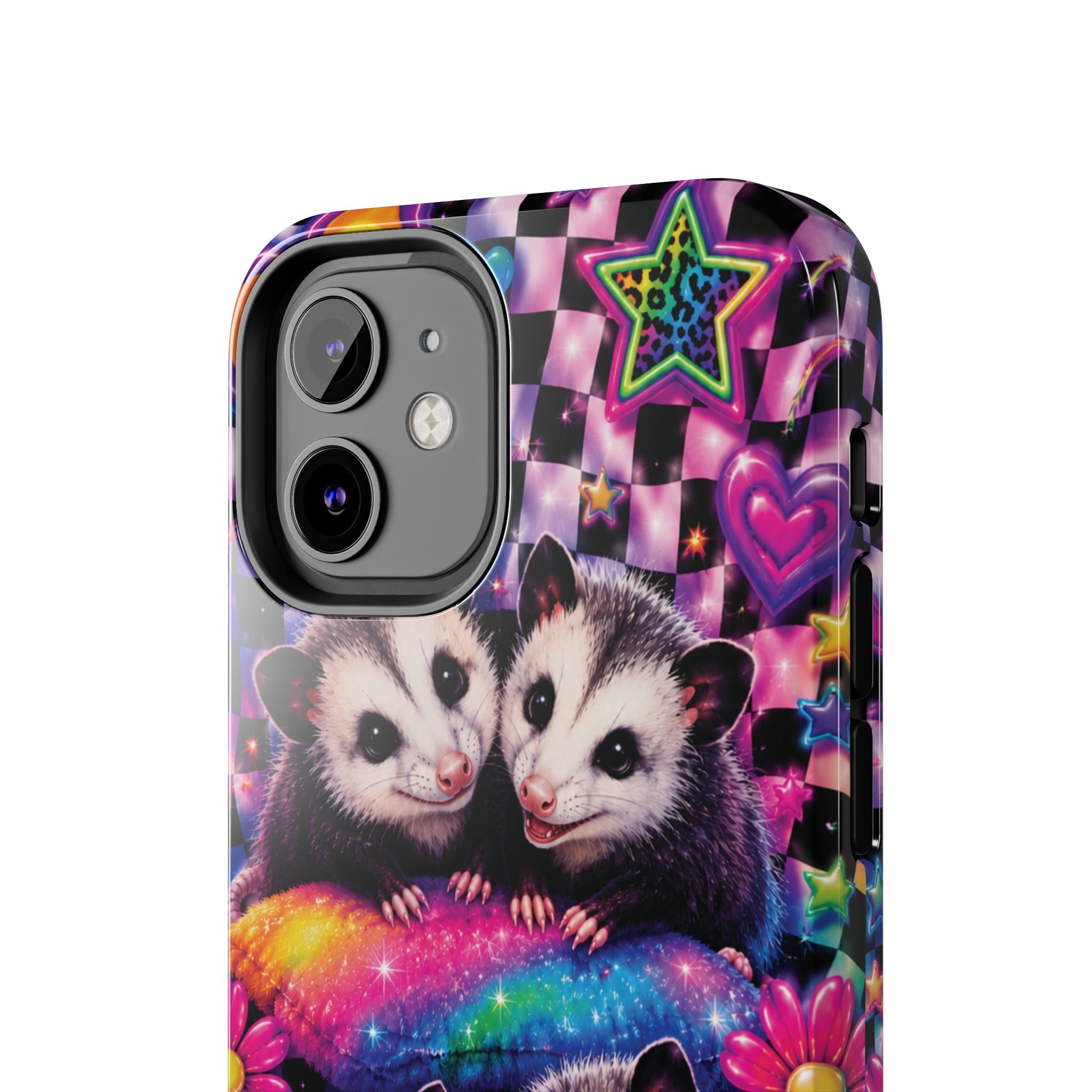 Cute 90's Retro Opossums Phone Case | Neon Flowers, Checkerboard Design Iphone Samsung Phone Case