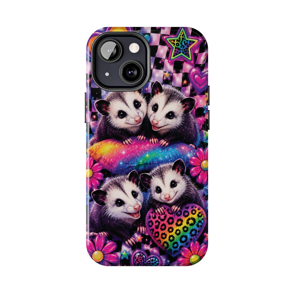 Cute 90's Retro Opossums Phone Case | Neon Flowers, Checkerboard Design Iphone Samsung Phone Case