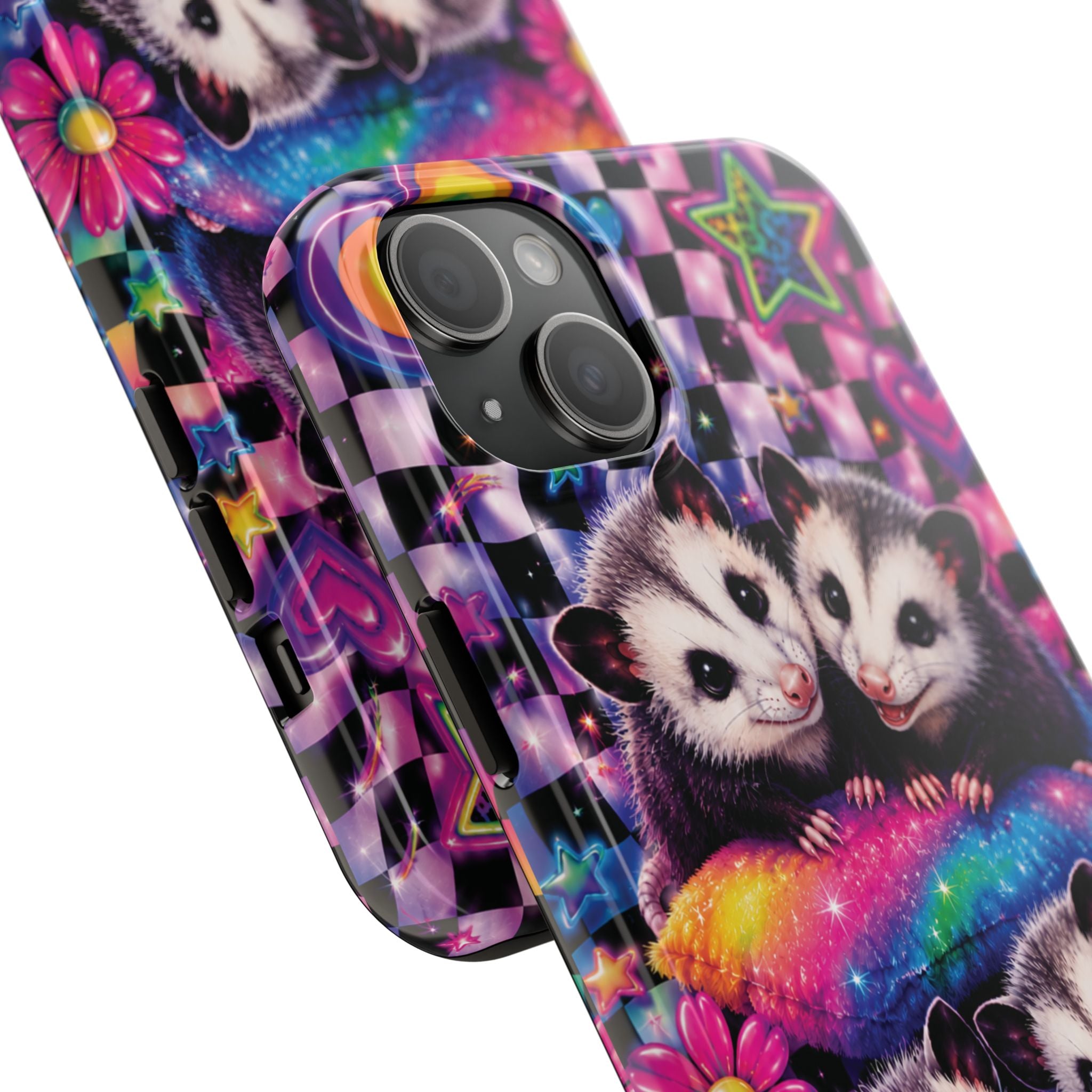 Cute 90's Retro Opossums Phone Case | Neon Flowers, Checkerboard Design Iphone Samsung Phone Case