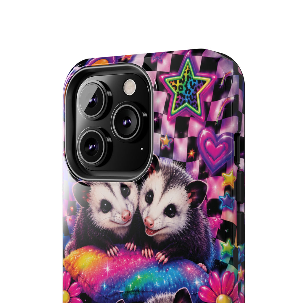 Cute 90's Retro Opossums Phone Case | Neon Flowers, Checkerboard Design Iphone Samsung Phone Case
