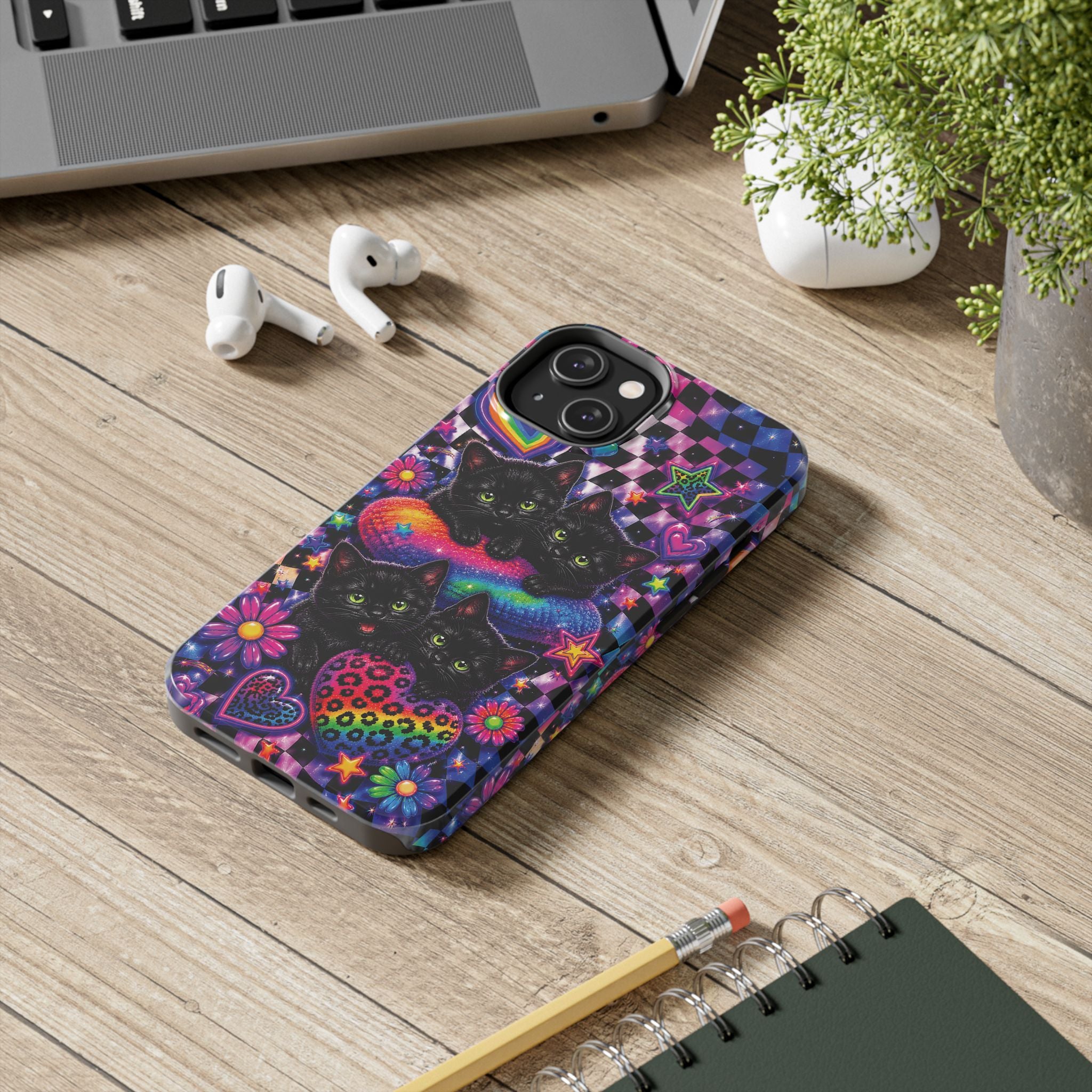 Cute 90's Retro Black Cats Phone Case | Neon Flowers, Checkerboard Design Iphone Samsung Phone Case