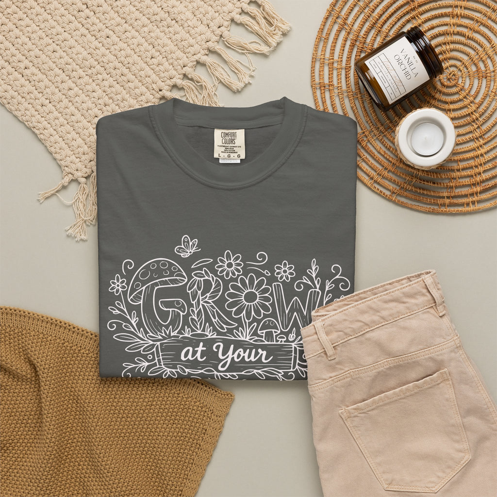 Grow at Your Own Pace Shirt, Comfort Colors Tee, Wildflower Mushroom Doodle Design, Minimalist Botanical Tee | Cottagecore Nature Graphic