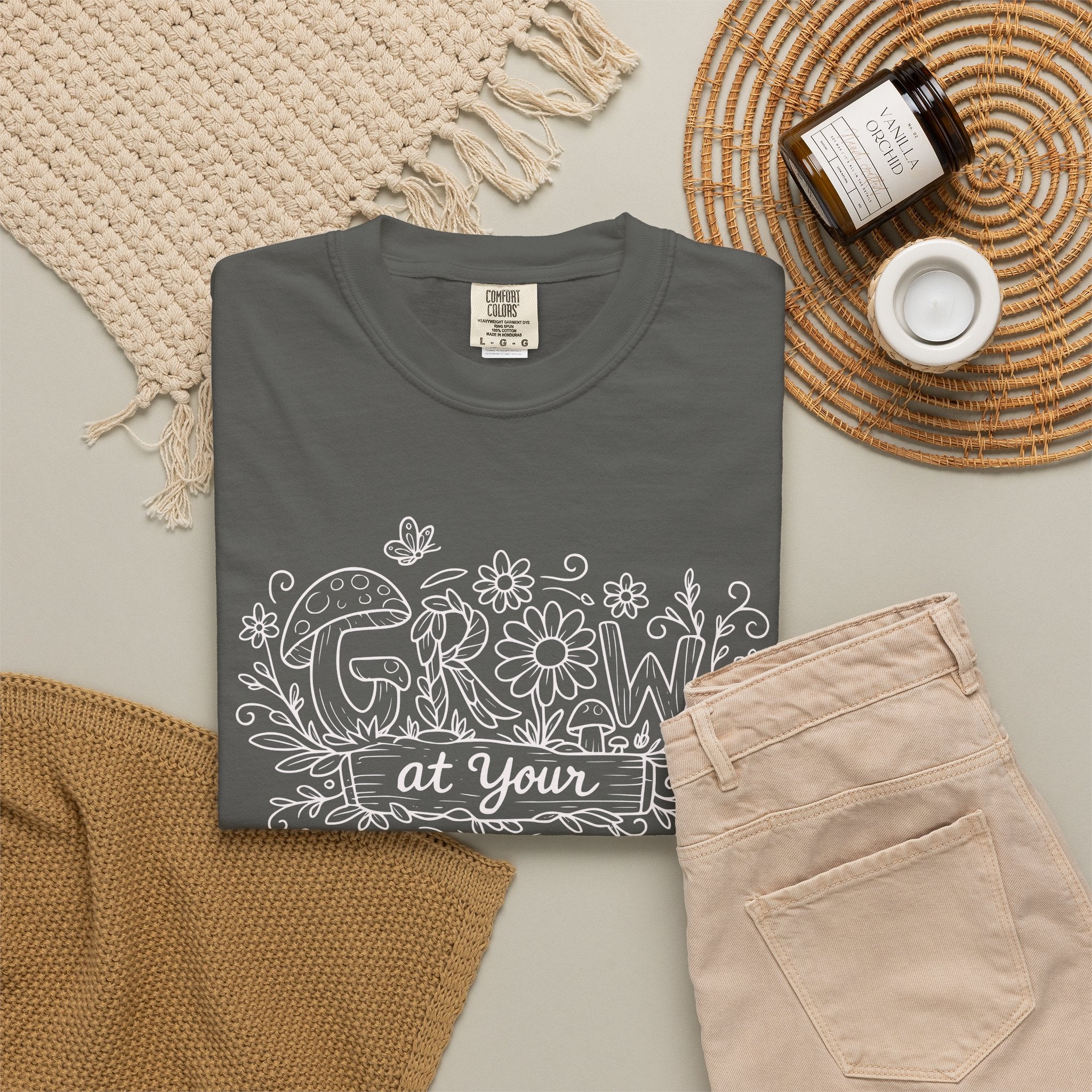 Grow at Your Own Pace Shirt, Comfort Colors Tee, Wildflower Mushroom Doodle Design, Minimalist Botanical Tee | Cottagecore Nature Graphic