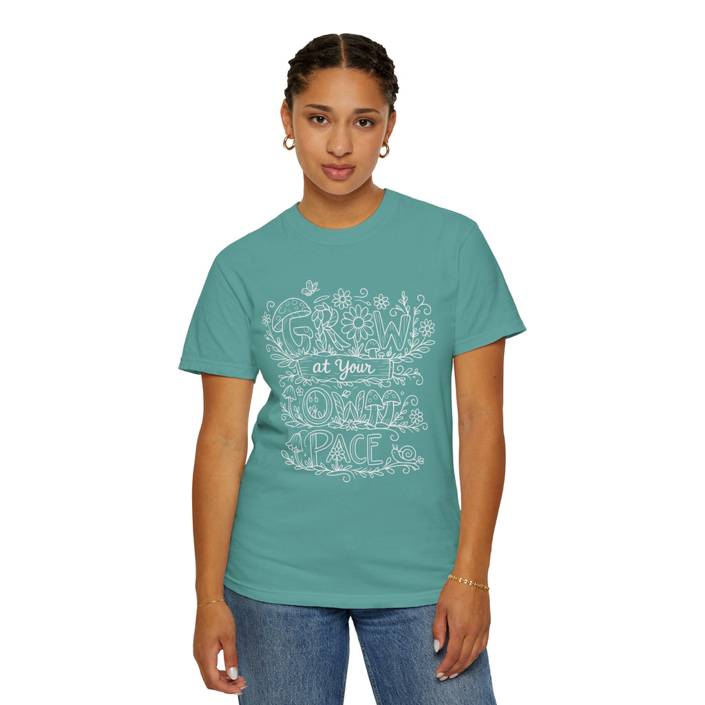 Grow at Your Own Pace Shirt, Comfort Colors Tee, Wildflower Mushroom Doodle Design, Minimalist Botanical Tee | Cottagecore Nature Graphic
