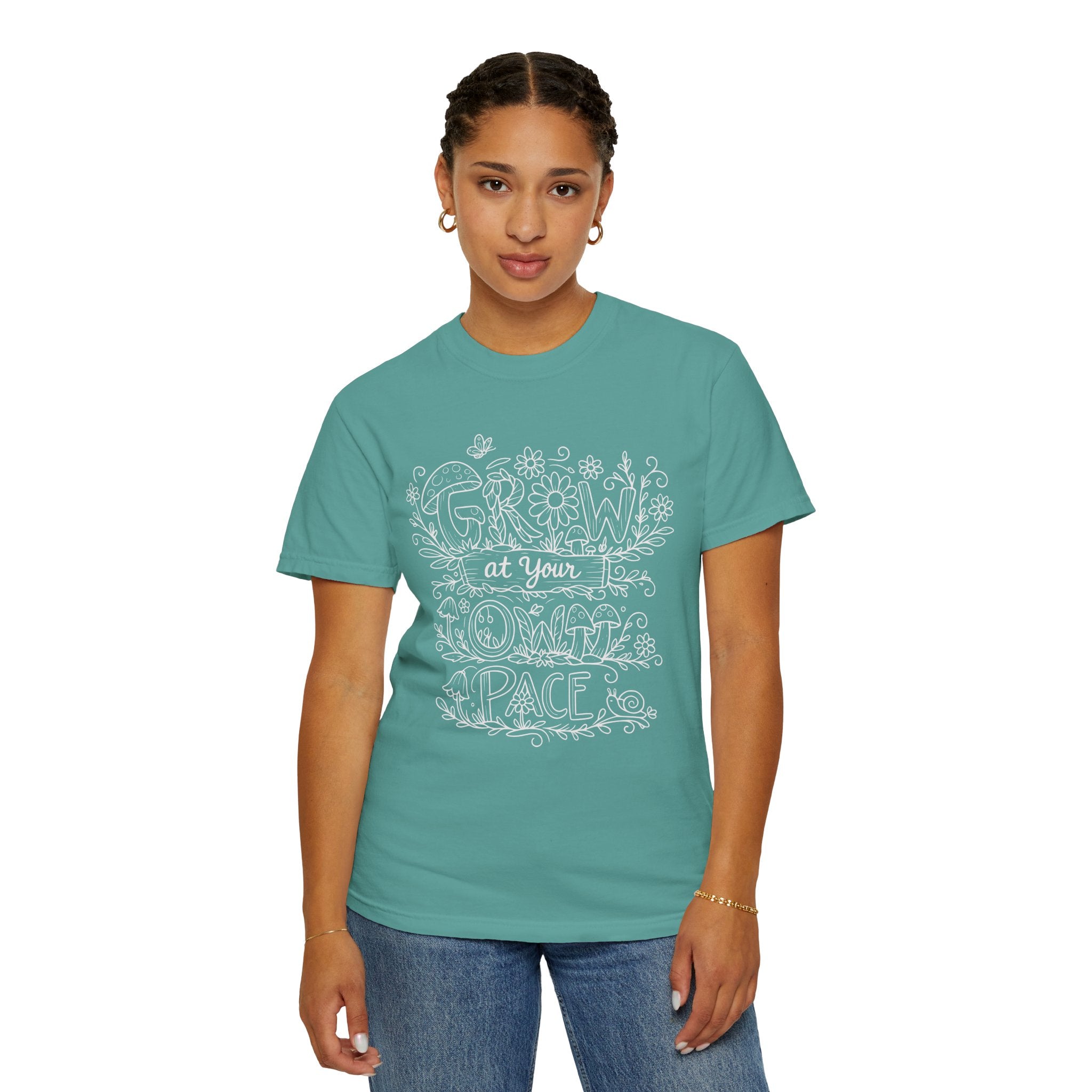 Grow at Your Own Pace Shirt, Comfort Colors Tee, Wildflower Mushroom Doodle Design, Minimalist Botanical Tee | Cottagecore Nature Graphic