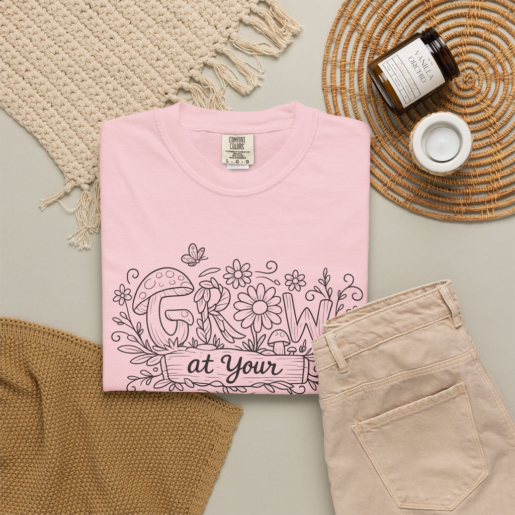 Grow at Your Own Pace Shirt, Comfort Colors Tee, Wildflower Mushroom Doodle Design, Minimalist Botanical Tee | Cottagecore Nature Graphic