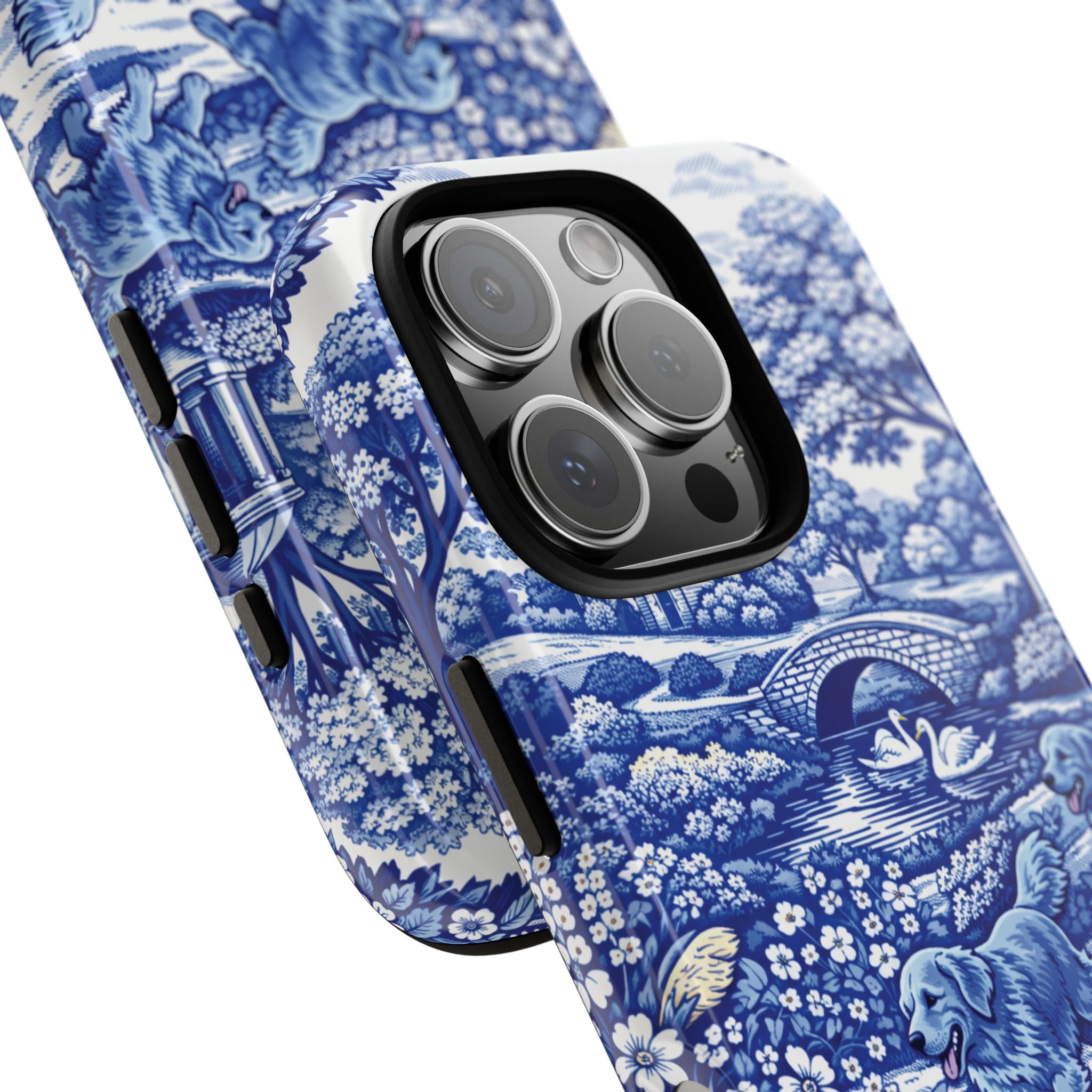 Golden Retriever Tough Phone Case, Chinoiserie Blue Dog Pattern, French Toile Aesthetic