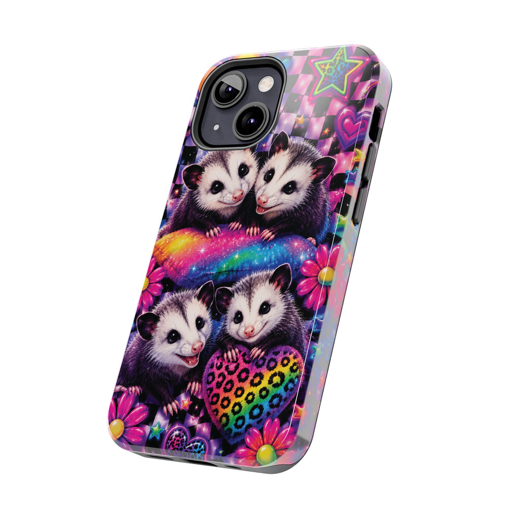 Cute 90's Retro Opossums Phone Case | Neon Flowers, Checkerboard Design Iphone Samsung Phone Case