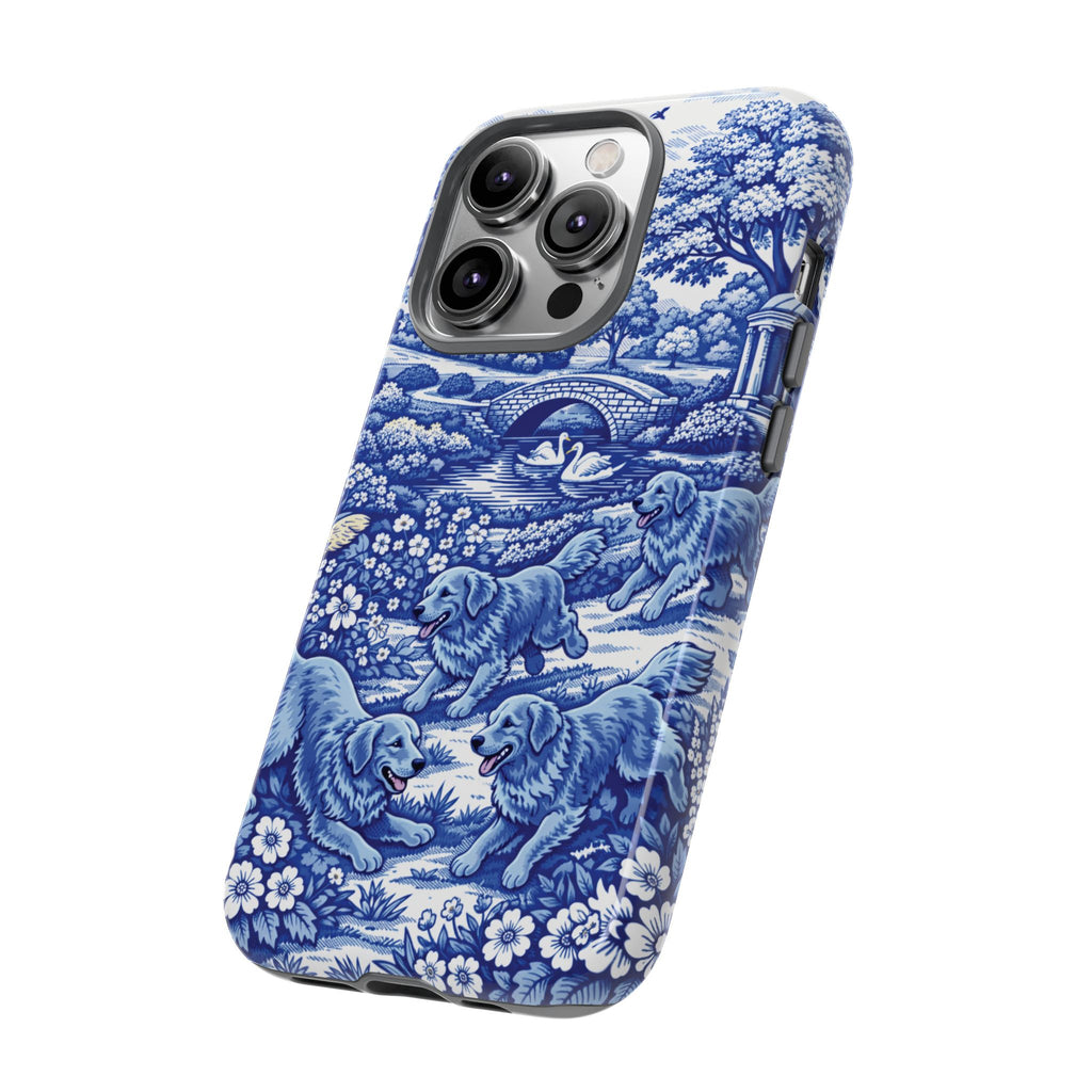 Golden Retriever Tough Phone Case, Chinoiserie Blue Dog Pattern, French Toile Aesthetic