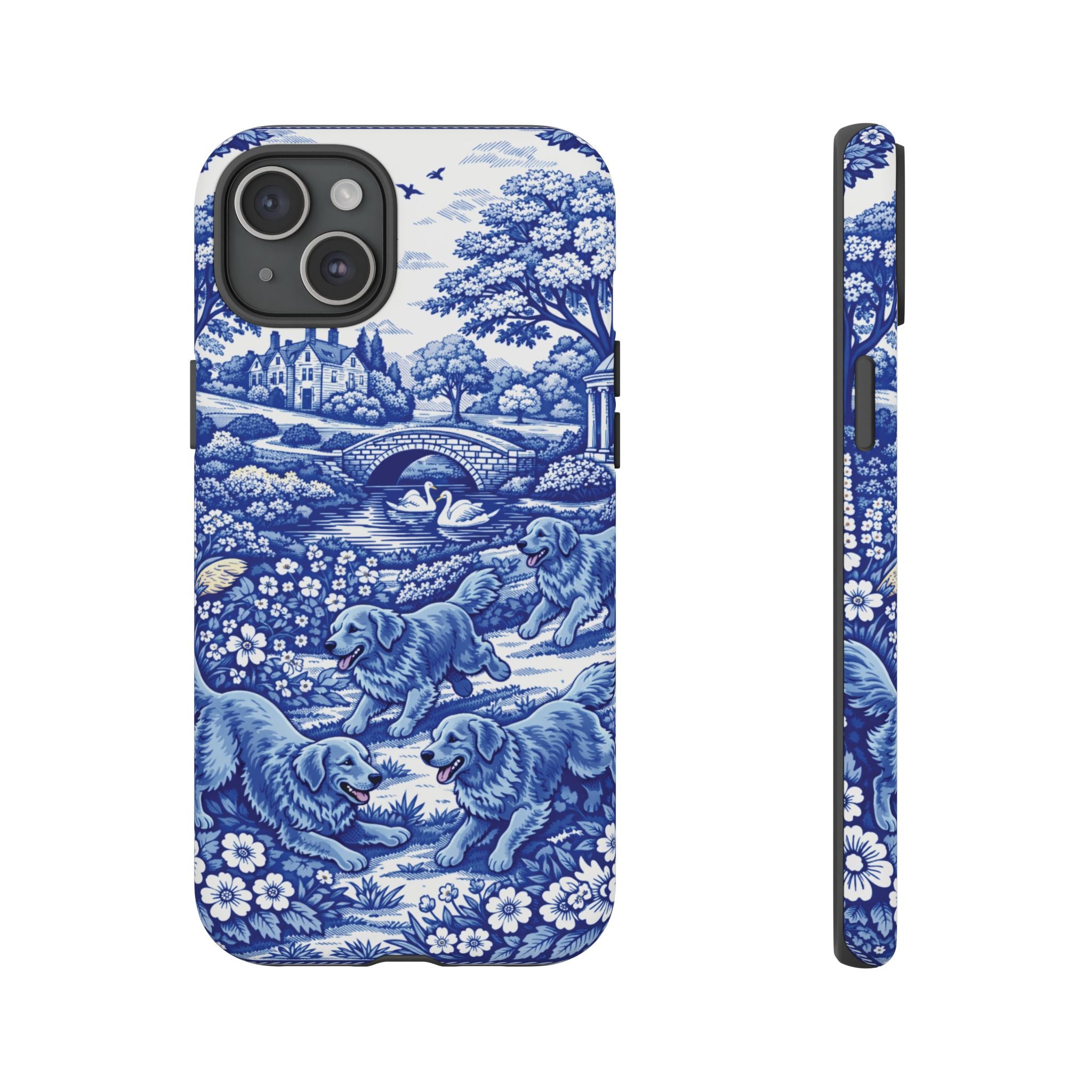 Golden Retriever Tough Phone Case, Chinoiserie Blue Dog Pattern, French Toile Aesthetic
