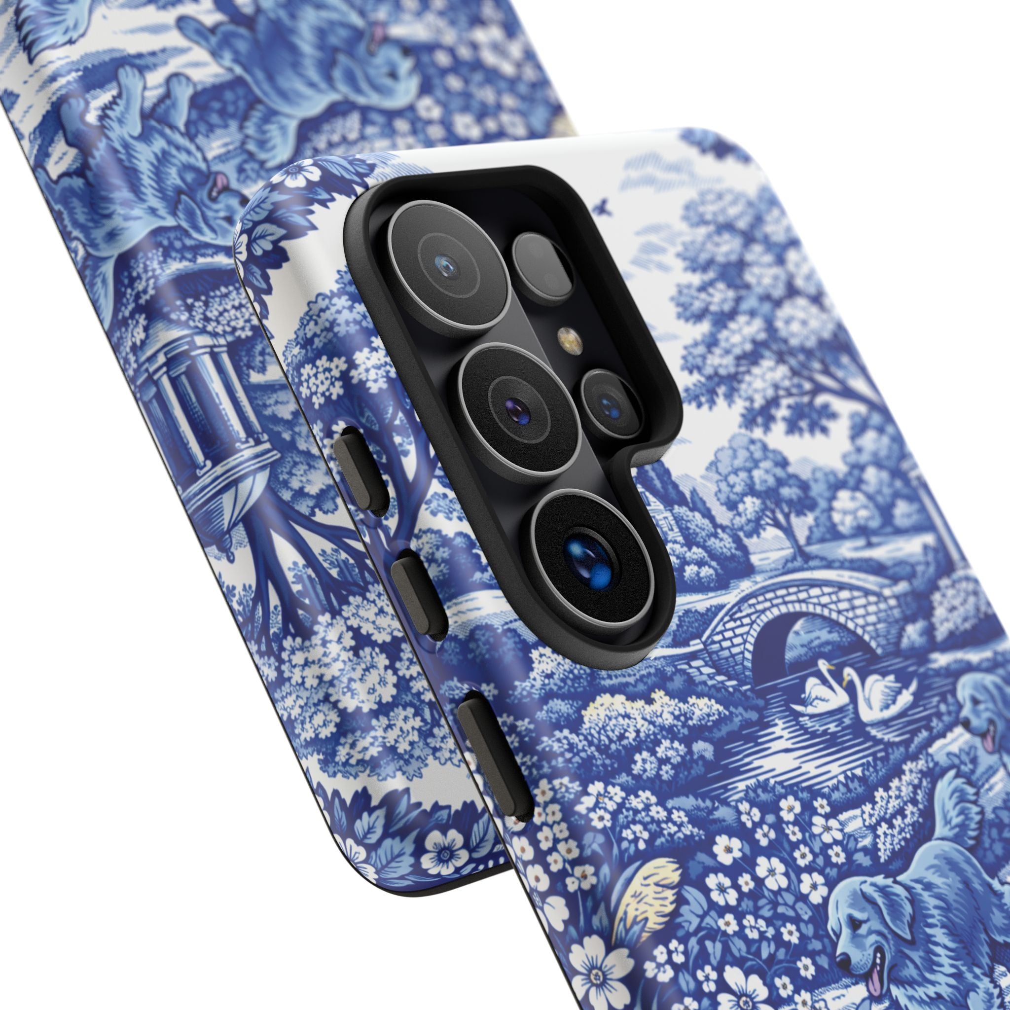 Golden Retriever Tough Phone Case, Chinoiserie Blue Dog Pattern, French Toile Aesthetic