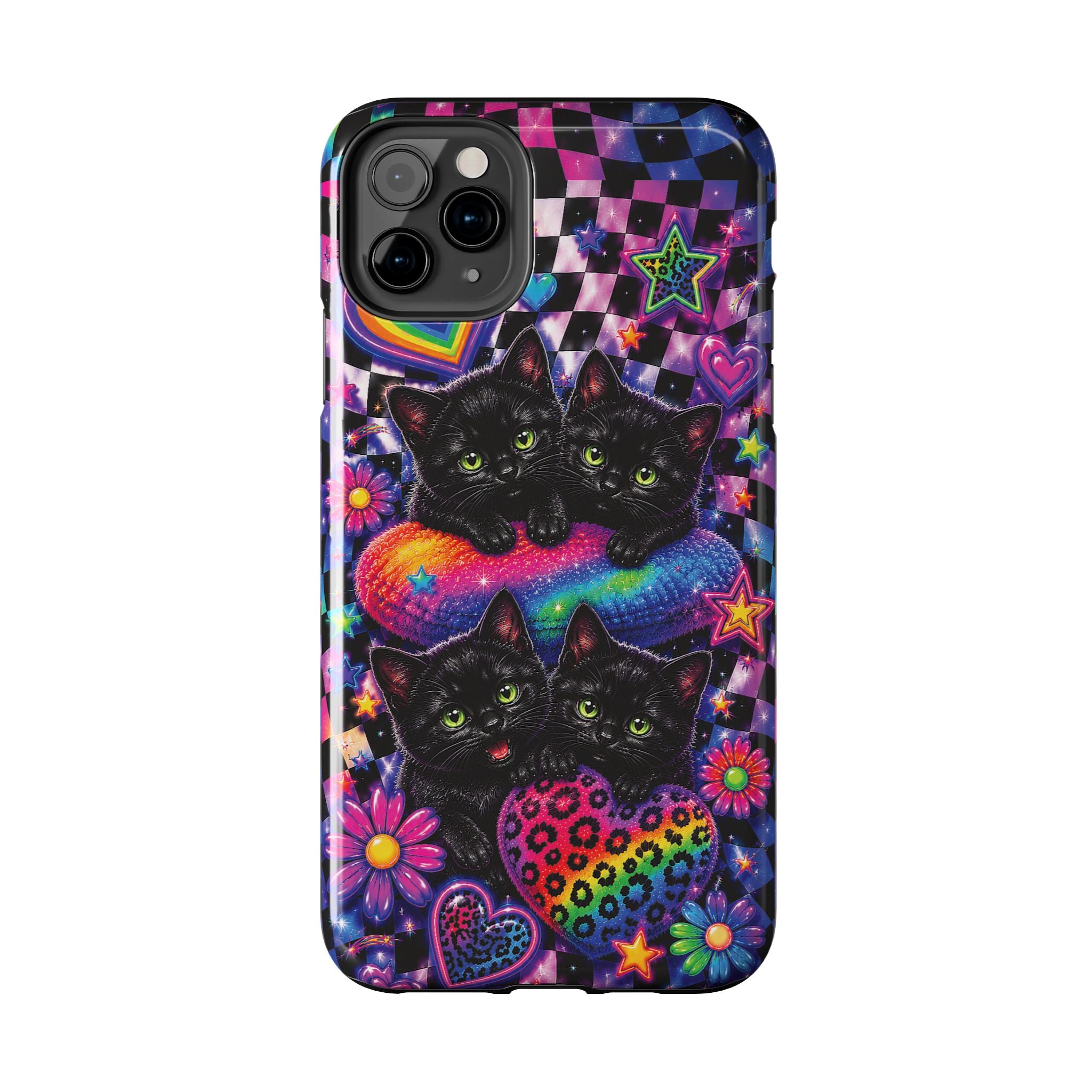 Cute 90's Retro Black Cats Phone Case | Neon Flowers, Checkerboard Design Iphone Samsung Phone Case