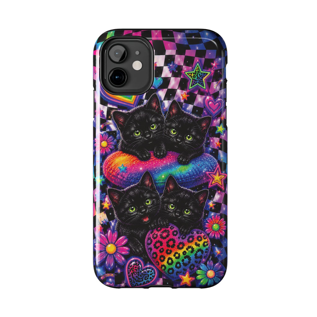 Cute 90's Retro Black Cats Phone Case | Neon Flowers, Checkerboard Design Iphone Samsung Phone Case
