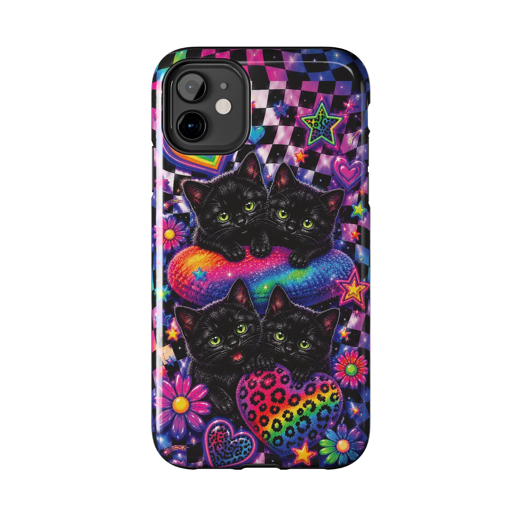 Cute 90's Retro Black Cats Phone Case | Neon Flowers, Checkerboard Design Iphone Samsung Phone Case