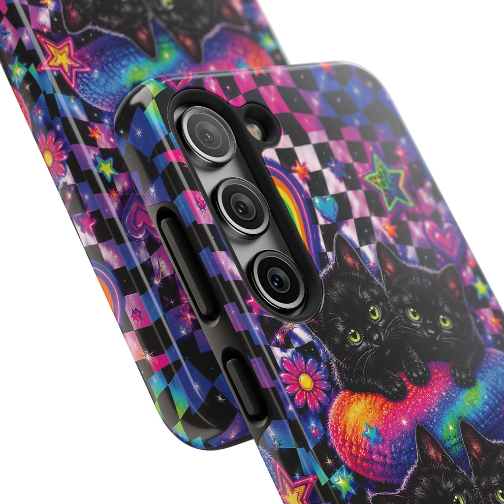 Cute 90's Retro Black Cats Phone Case | Neon Flowers, Checkerboard Design Iphone Samsung Phone Case