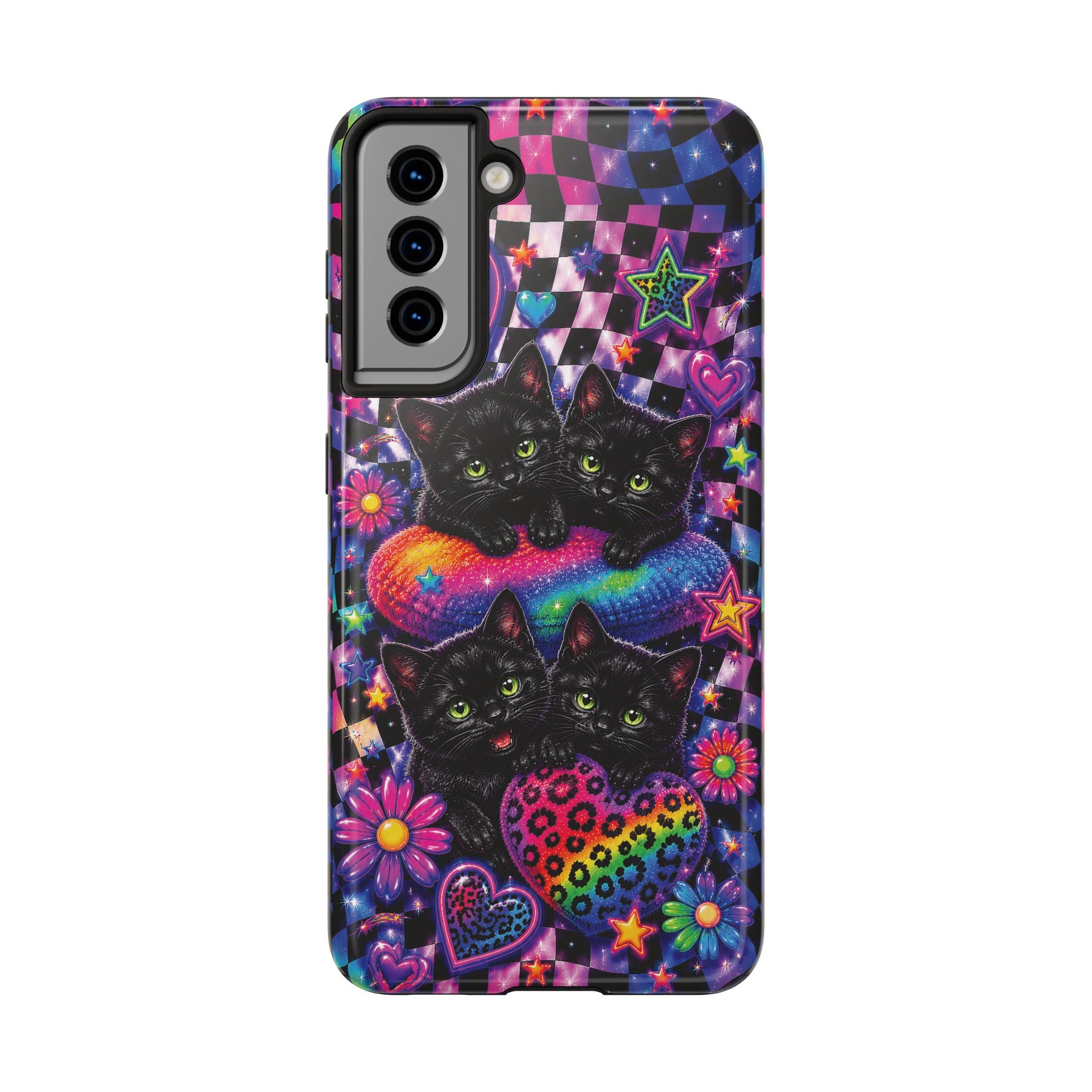 Cute 90's Retro Black Cats Phone Case | Neon Flowers, Checkerboard Design Iphone Samsung Phone Case