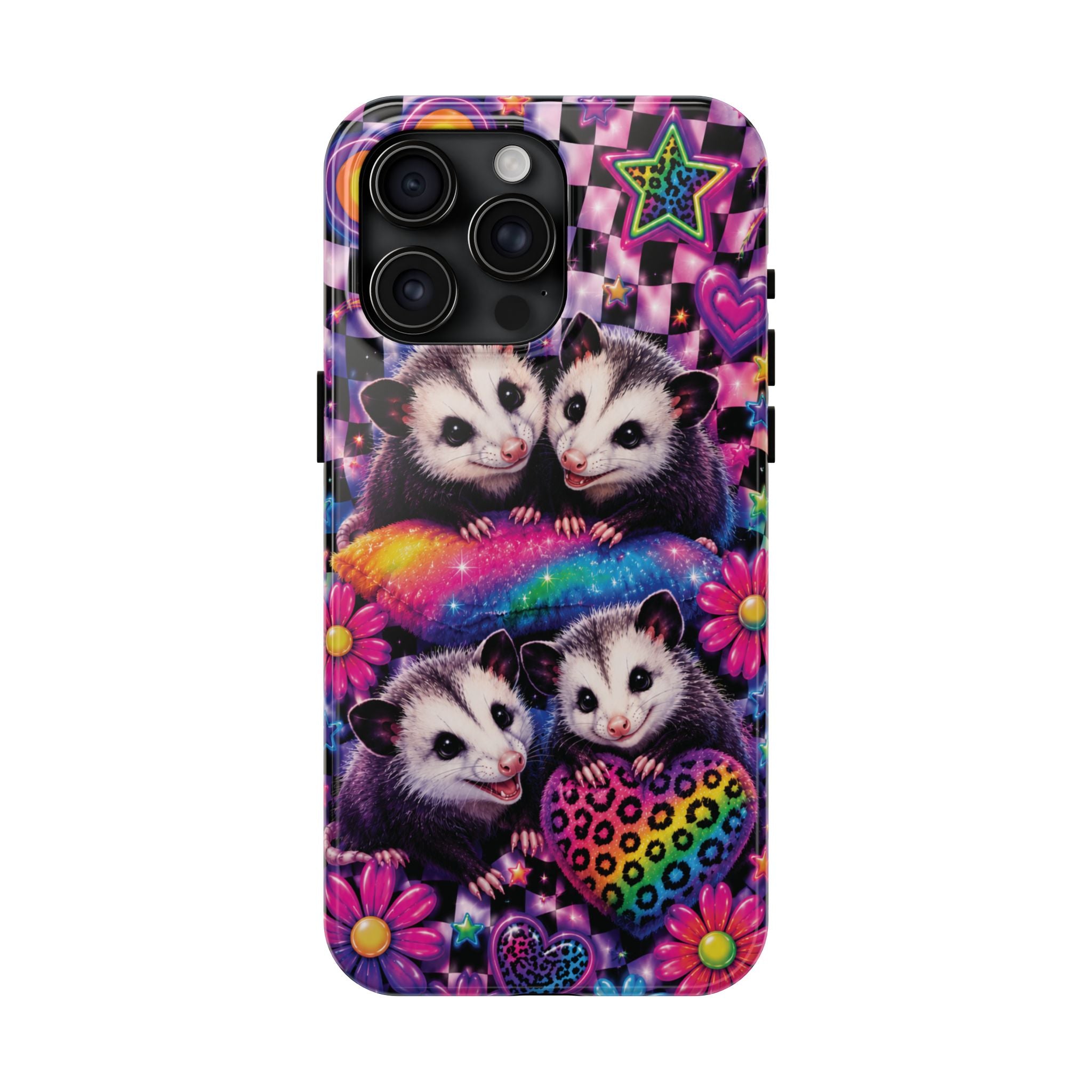Cute 90's Retro Opossums Phone Case | Neon Flowers, Checkerboard Design Iphone Samsung Phone Case