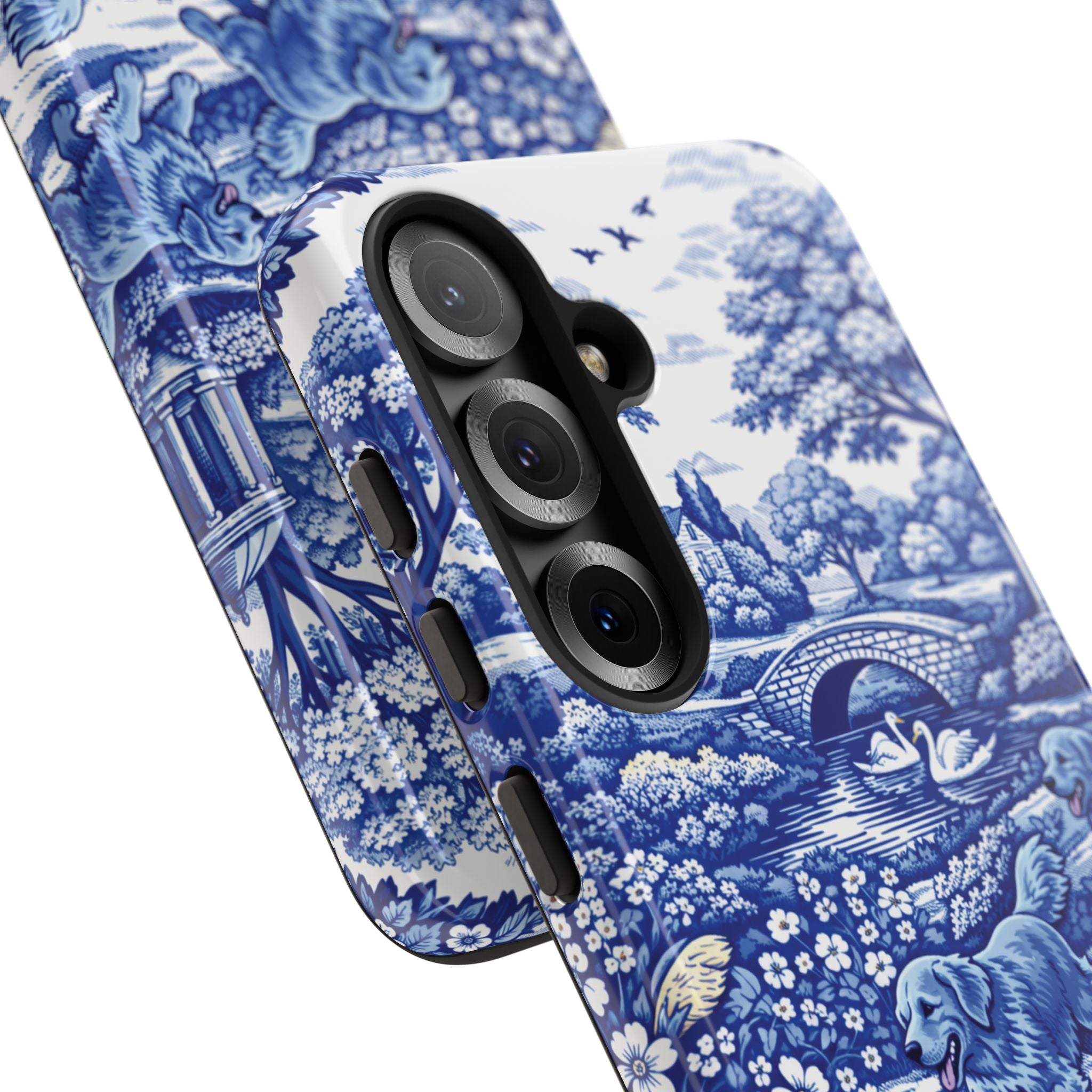 Golden Retriever Tough Phone Case, Chinoiserie Blue Dog Pattern, French Toile Aesthetic