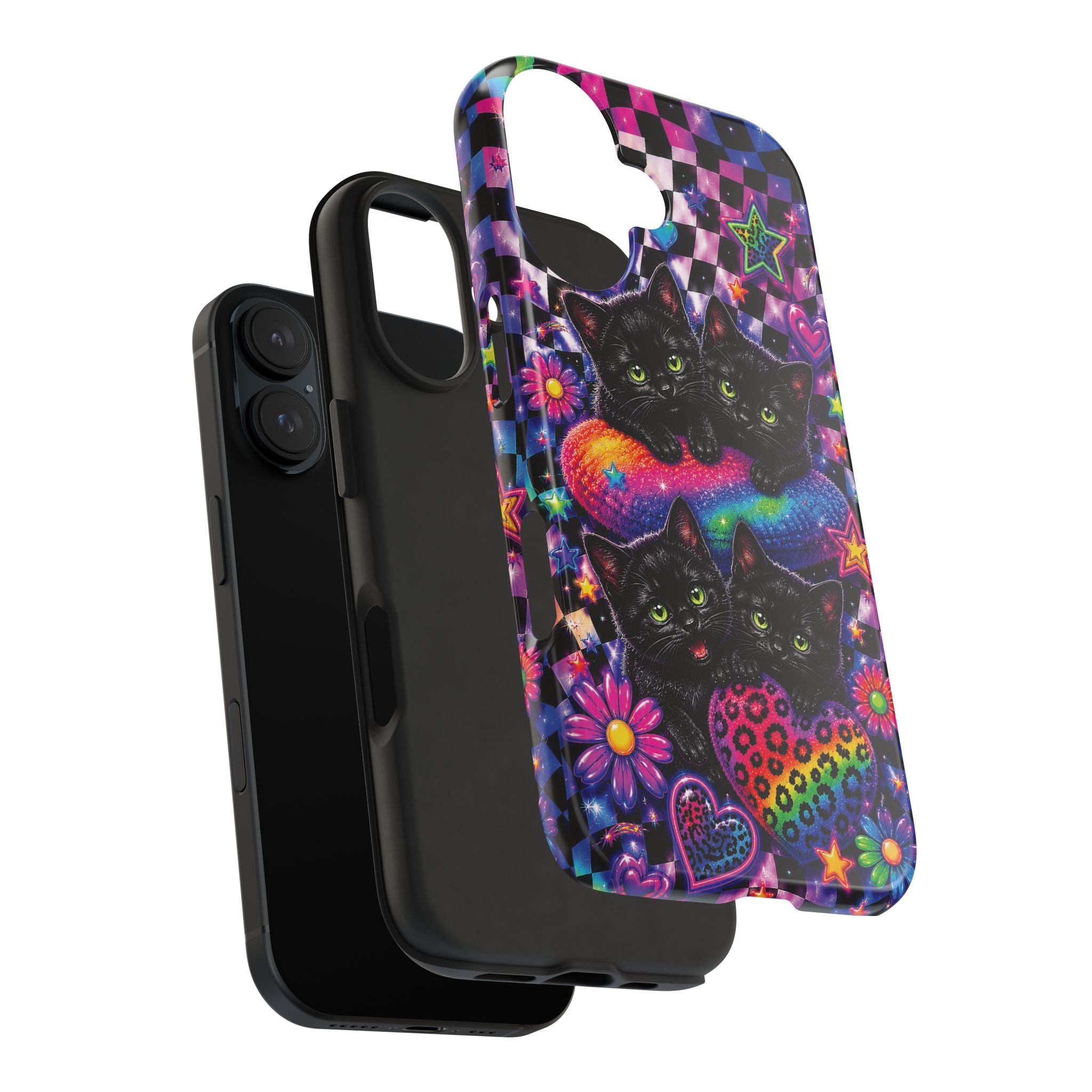 Cute 90's Retro Black Cats Phone Case | Neon Flowers, Checkerboard Design Iphone Samsung Phone Case