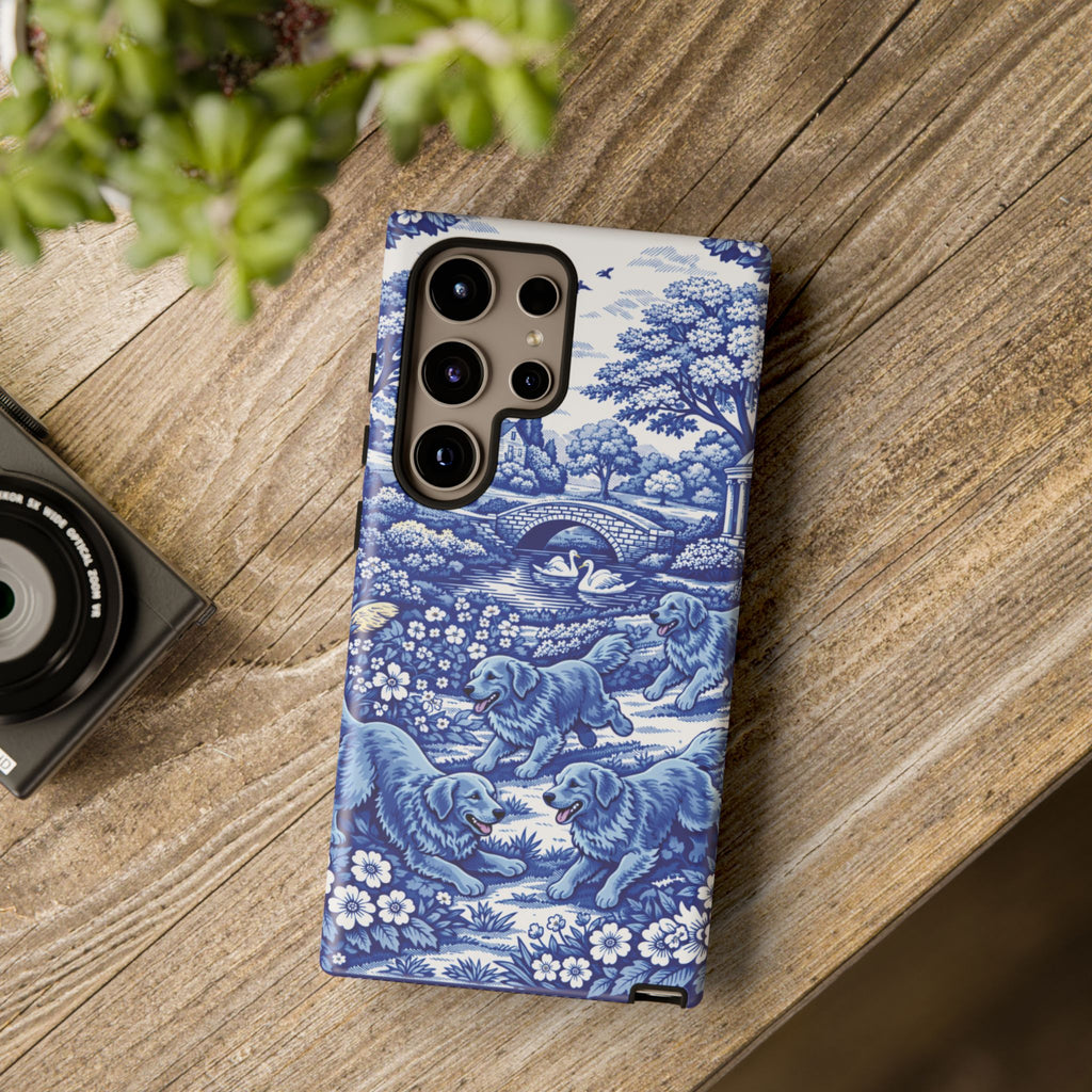 Golden Retriever Tough Phone Case, Chinoiserie Blue Dog Pattern, French Toile Aesthetic
