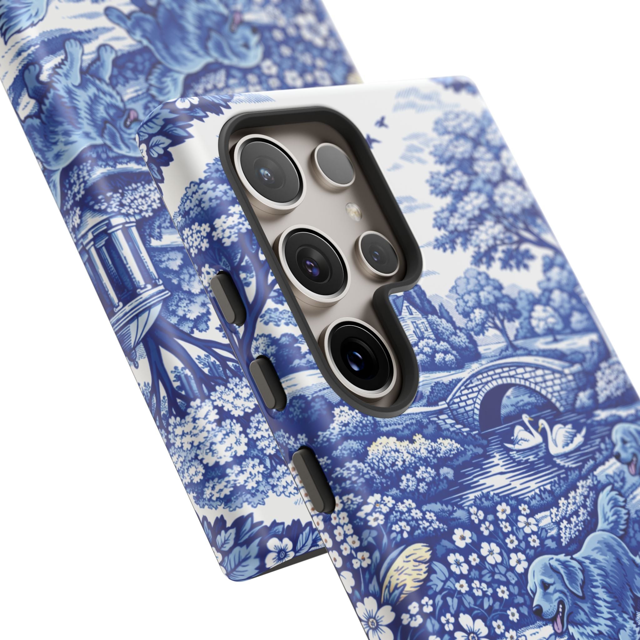 Golden Retriever Tough Phone Case, Chinoiserie Blue Dog Pattern, French Toile Aesthetic