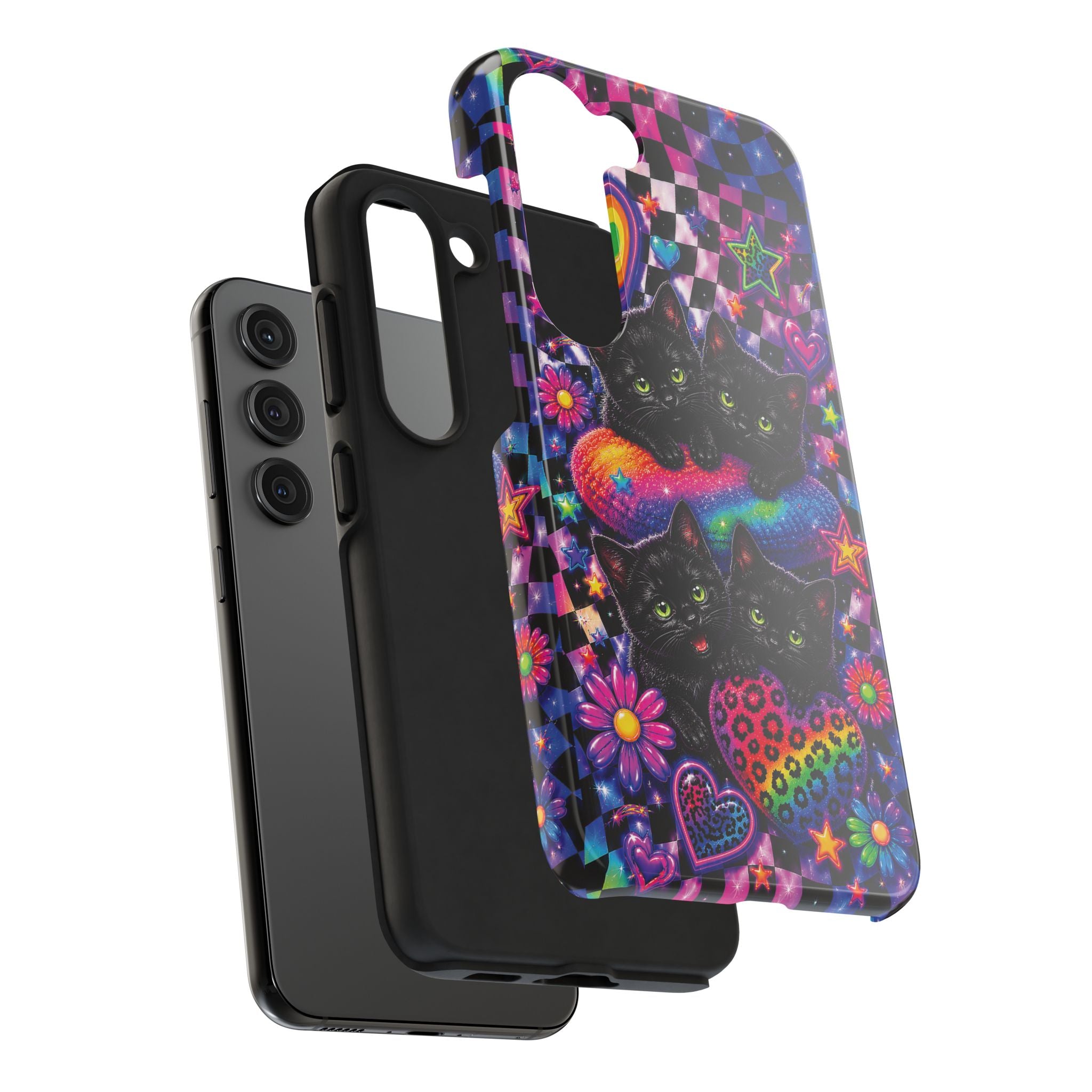 Cute 90's Retro Black Cats Phone Case | Neon Flowers, Checkerboard Design Iphone Samsung Phone Case