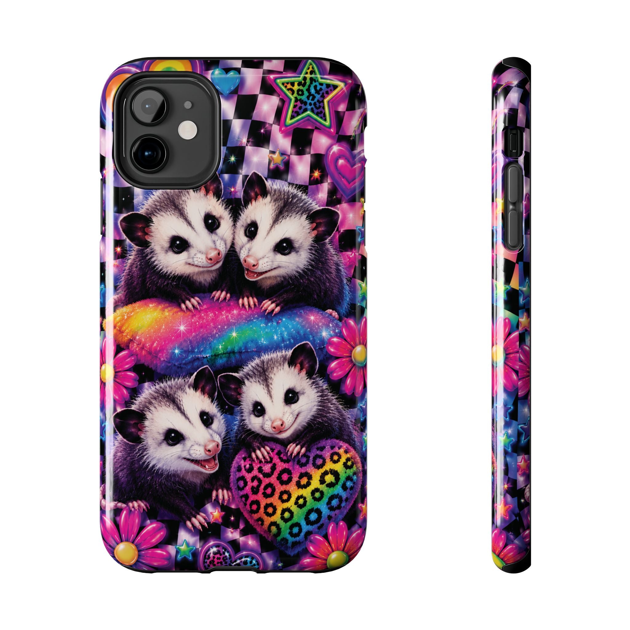 Cute 90's Retro Opossums Phone Case | Neon Flowers, Checkerboard Design Iphone Samsung Phone Case