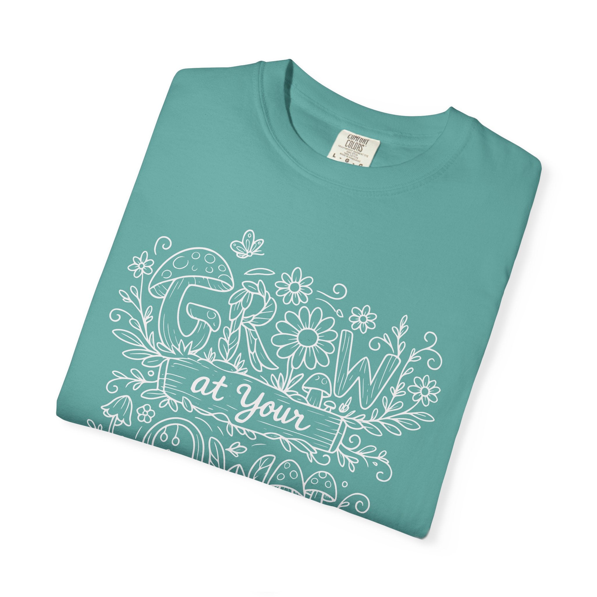 Grow at Your Own Pace Shirt, Comfort Colors Tee, Wildflower Mushroom Doodle Design, Minimalist Botanical Tee | Cottagecore Nature Graphic