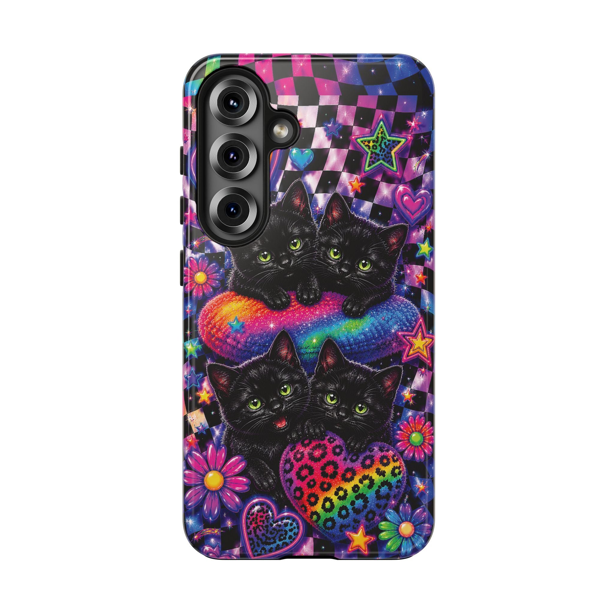 Cute 90's Retro Black Cats Phone Case | Neon Flowers, Checkerboard Design Iphone Samsung Phone Case