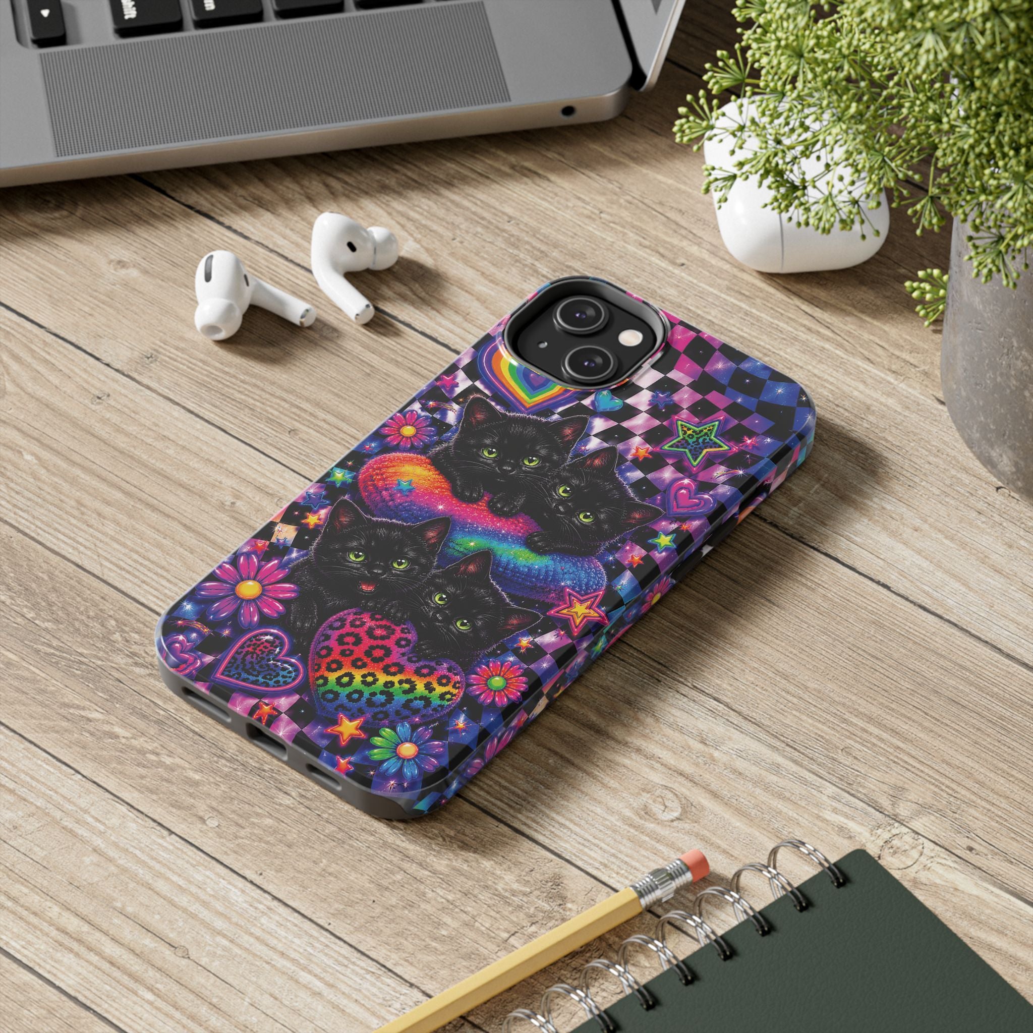 Cute 90's Retro Black Cats Phone Case | Neon Flowers, Checkerboard Design Iphone Samsung Phone Case